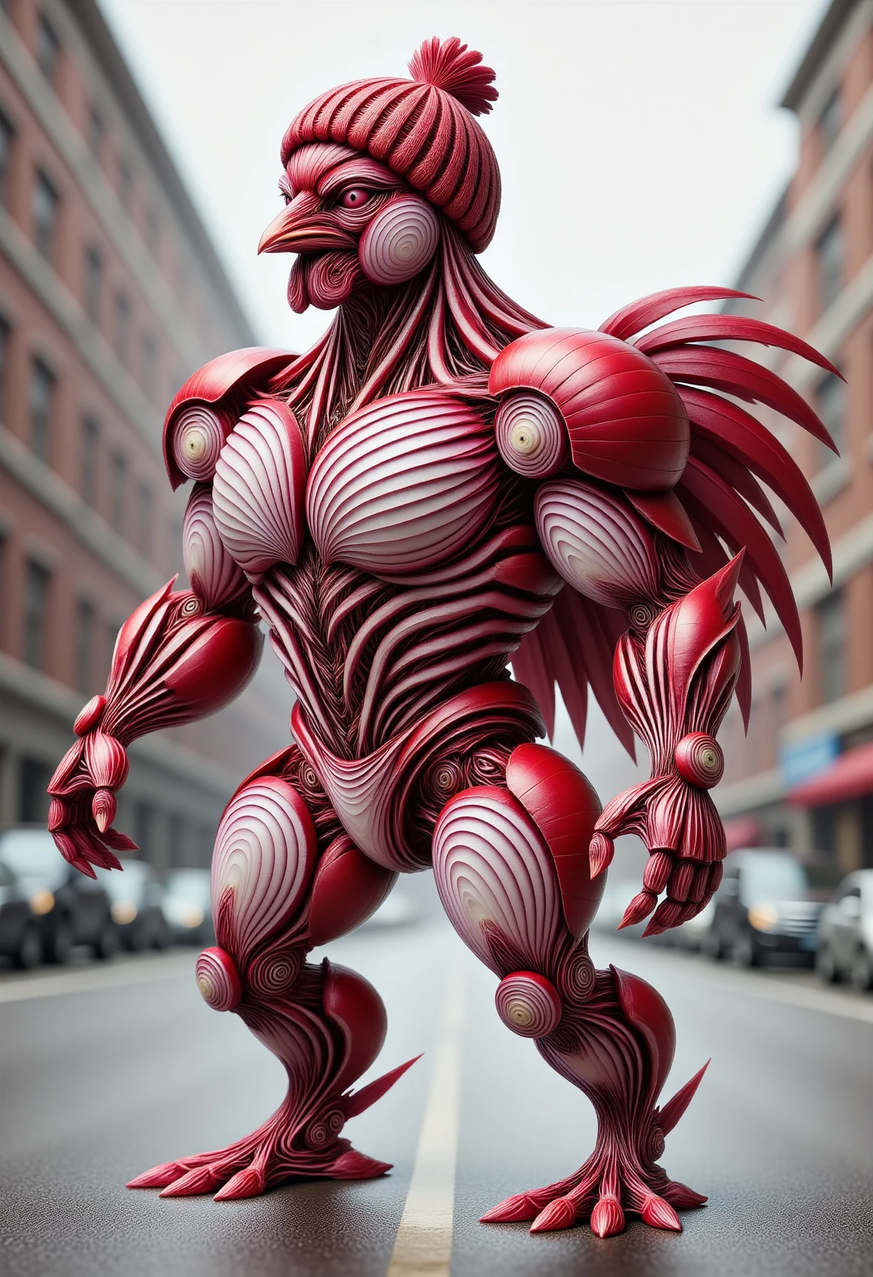 A digital artwork, a full body portrait shot of an anthropomorphic biomechanical chicken, wearing a knitted beanie crossing the road <lora:dvr-transformers-flux:1>
<lora:dvr-onion-flux:1> dvr-onion-flux