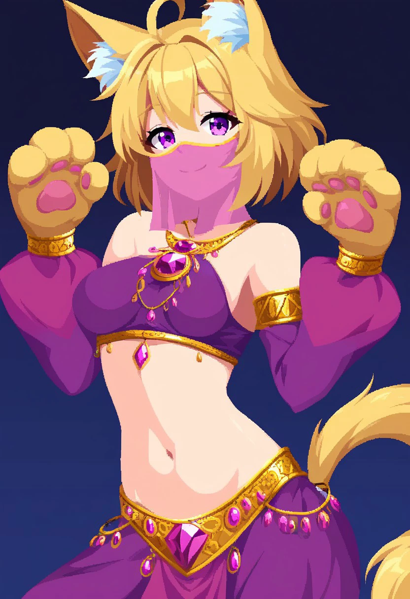 framecard, 1girl, solo, looking at viewer, smile, blonde hair, navel, animal ears, jewelry, medium breasts, closed mouth, purple eyes, tail, ahoge, detached sleeves, hand up, pink eyes, animal ear fluff, gem, veil, animal hands, harem outfit, arabian clothes, mouth veil,upperbody