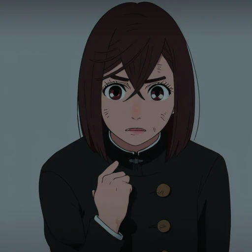 Screenshot from Dandadan anime that features Momo Ayase, This is a digital drawing in an anime style, showcasing a young woman with a serious, slightly worried expression. She has straight, shoulder-length dark brown hair with a few strands framing her face, and large, expressive brown eyes. She is dressed in a dark, high-collared coat with a high neckline and several buttons down the front, giving her an austere appearance. Her posture is upright, with one hand raised to her throat, suggesting she is either nervous or hesitant.