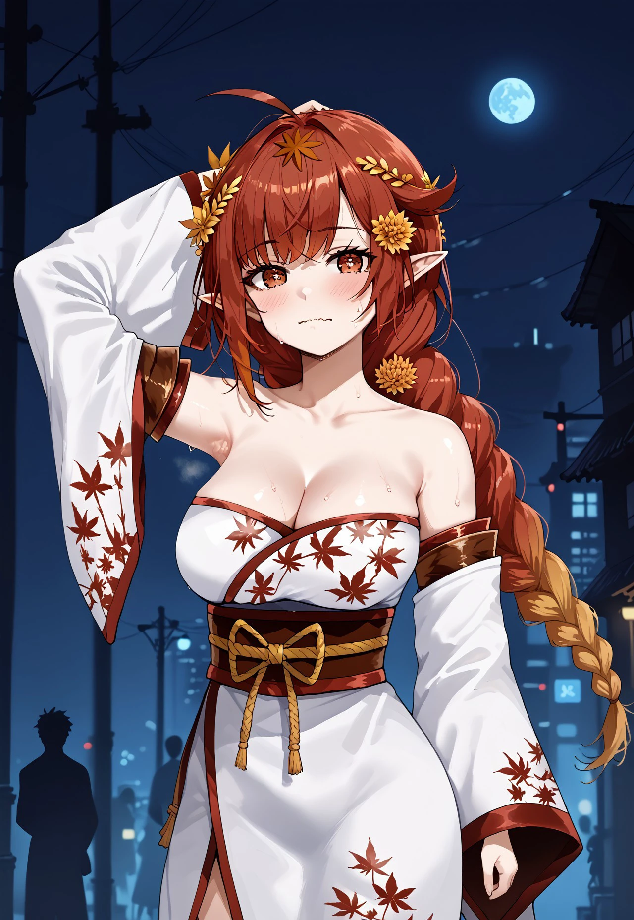 highres, shadows, absurdres, best_quality, ultra_detailed, 8k, extremely_clear, photograph, beautiful, beautiful face, sharp focus, hdr, 1girl, clean eyes, wide-eyed,background of a japanese small old town street with paper lanterns, at midnight, background darker then the girl in front, beautiful face, small puffy breasts (puffy small firm breast, very red areola, standing ,very seductive pose,red very long hair, very young, horns, ponytail, large bare midriff, no bra, naked, no horns, bare breast, no pantsu, bare breast