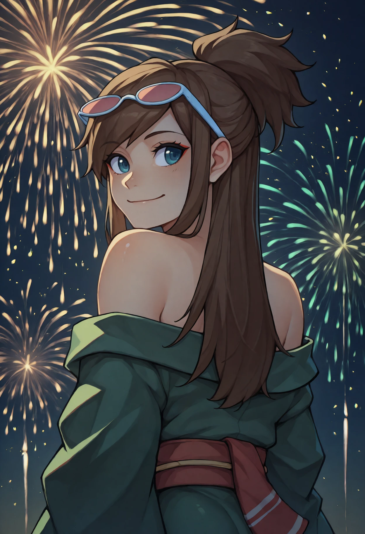 anime, masterpiece, best quality, <break> from behind, solo, 1girl, ema skye, smile, looking back, brown hair, half updo, sunglasses, eyewear on head, blue eyes, japanese clothes, green kimono, off shoulder, red sash, bare shoulders, fireworks
<segment:yolo-Anzhc Face seg 640 v2 y8n.pt,0.4,0.5//cid=1>