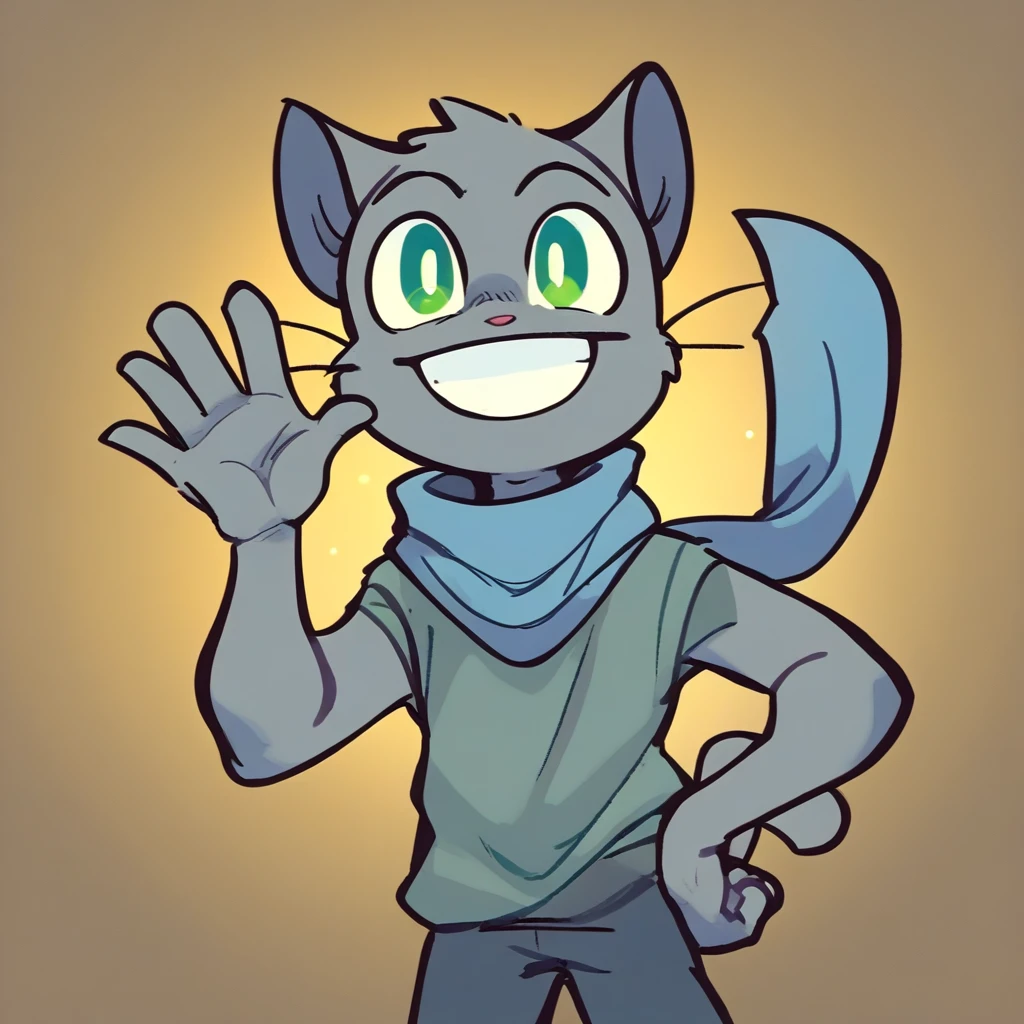 score_9, score_8_up, score_8, score_7, source_cartoon, source_furry, perfect hands, Solo, 1boy, cat, catboy, male furry, anthro, gray fur, green eyes, blue scarf, standing, front view, one hand on hip, waving to viewer, smiling, grin, mouth closed,