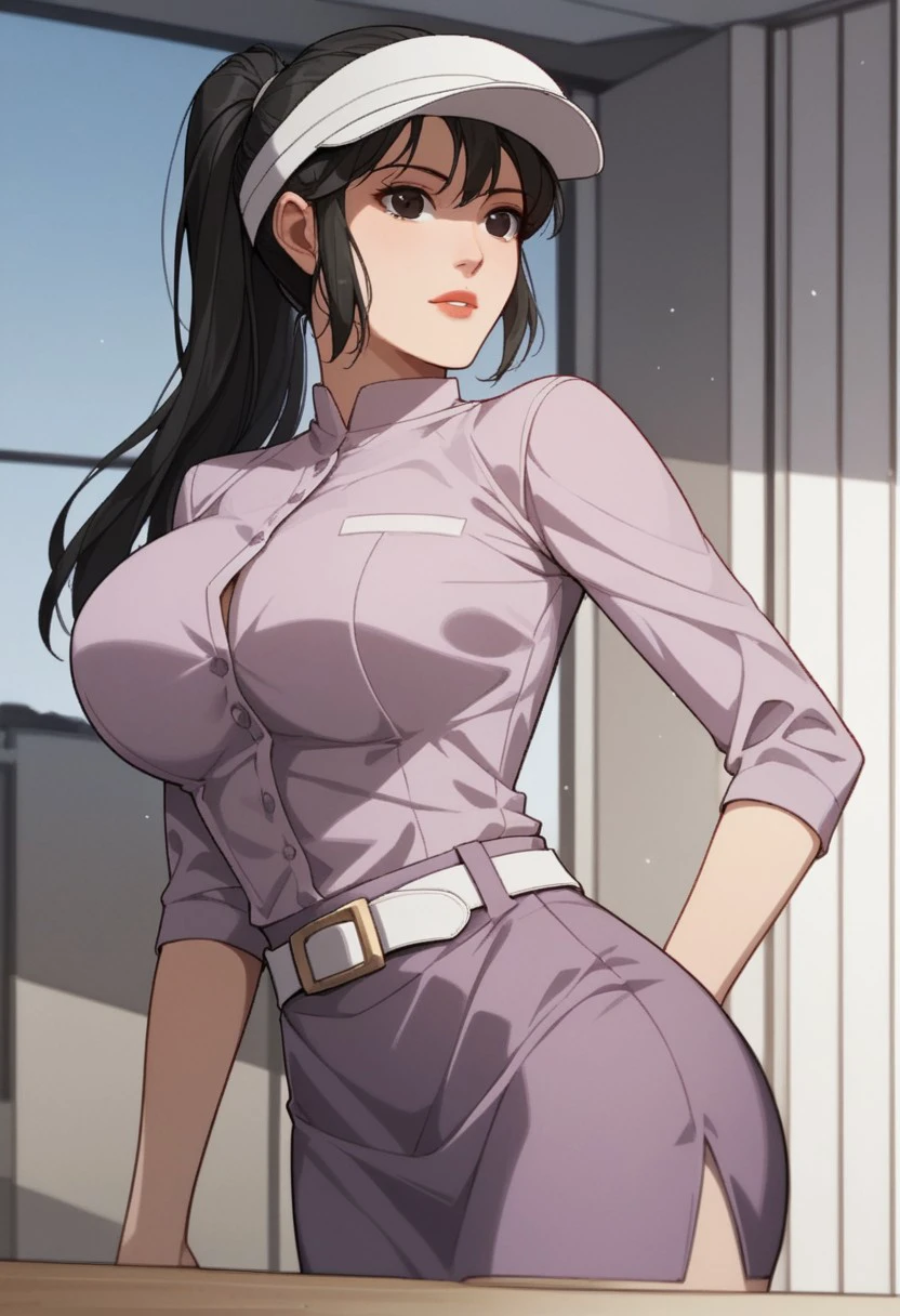 score_9, score_8_up, score_7_up, BREAK, SuQingying, long hair, black hair, black eyes, large breasts, SuGolf, ponytail, visor cap, purple shirt, white belt, purple skirt, pencil skirt, 1girl, solo,