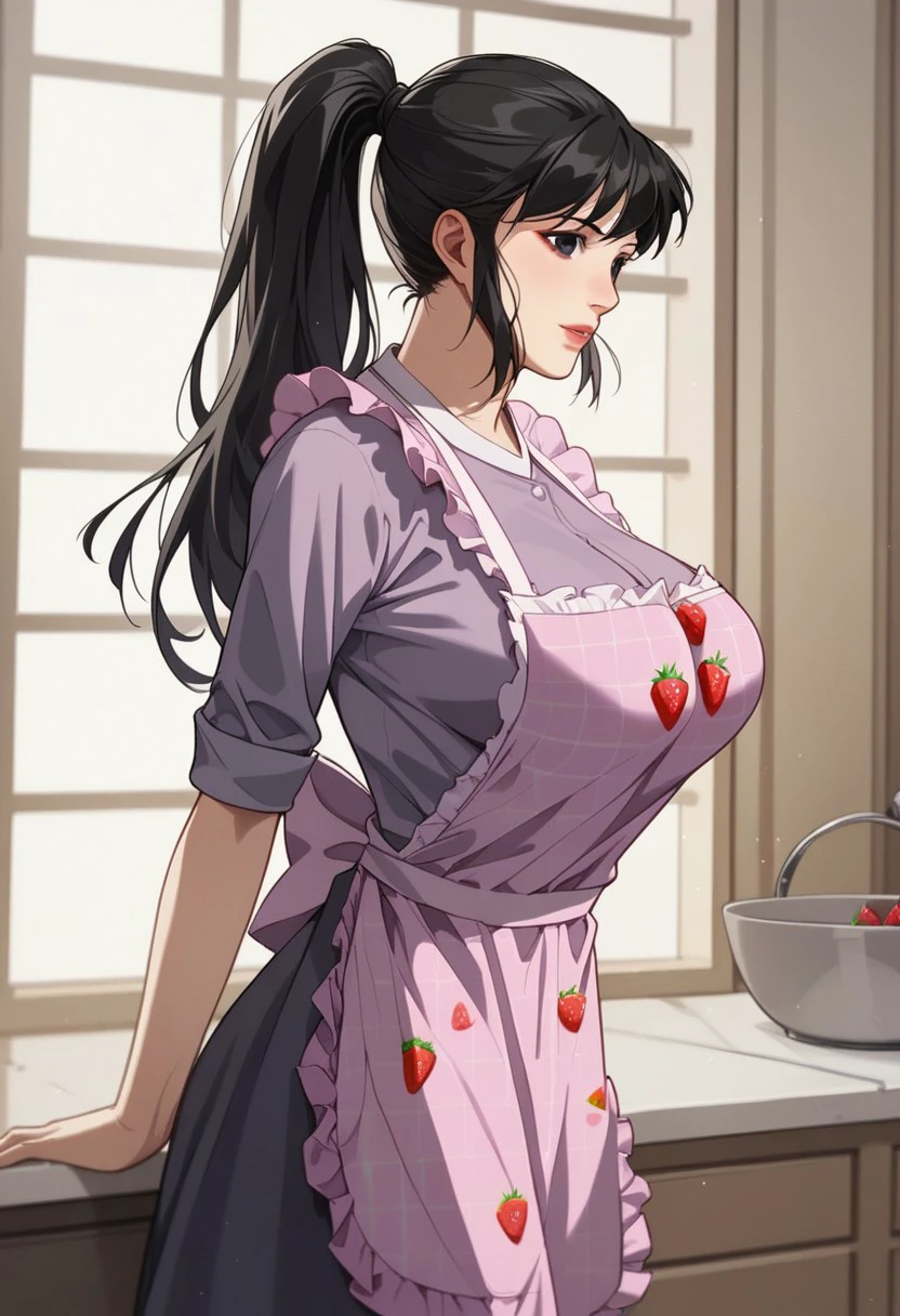 score_9, score_8_up, score_7_up, BREAK, SuQingying, long hair, black hair, black eyes, large breasts, SuApron, ponytail, purple shirt, pink apron, strawberry print, frills, purple skirt, 1girl, solo,