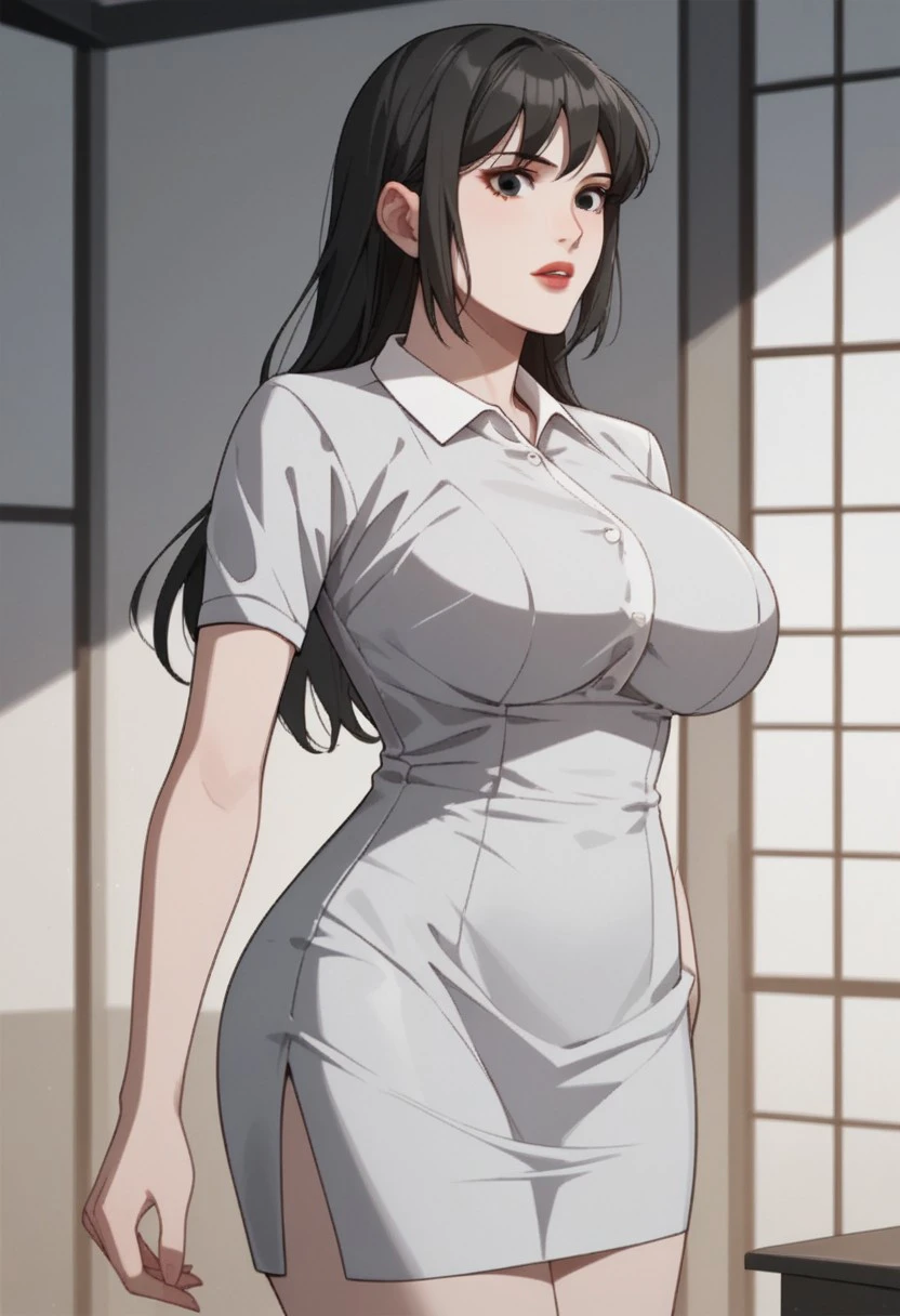 score_9, score_8_up, score_7_up, BREAK, SuQingying, long hair, black hair, black eyes, large breasts, SuDress, light blue dress, collared dress, pencil dress, short sleeves, 1girl, solo,