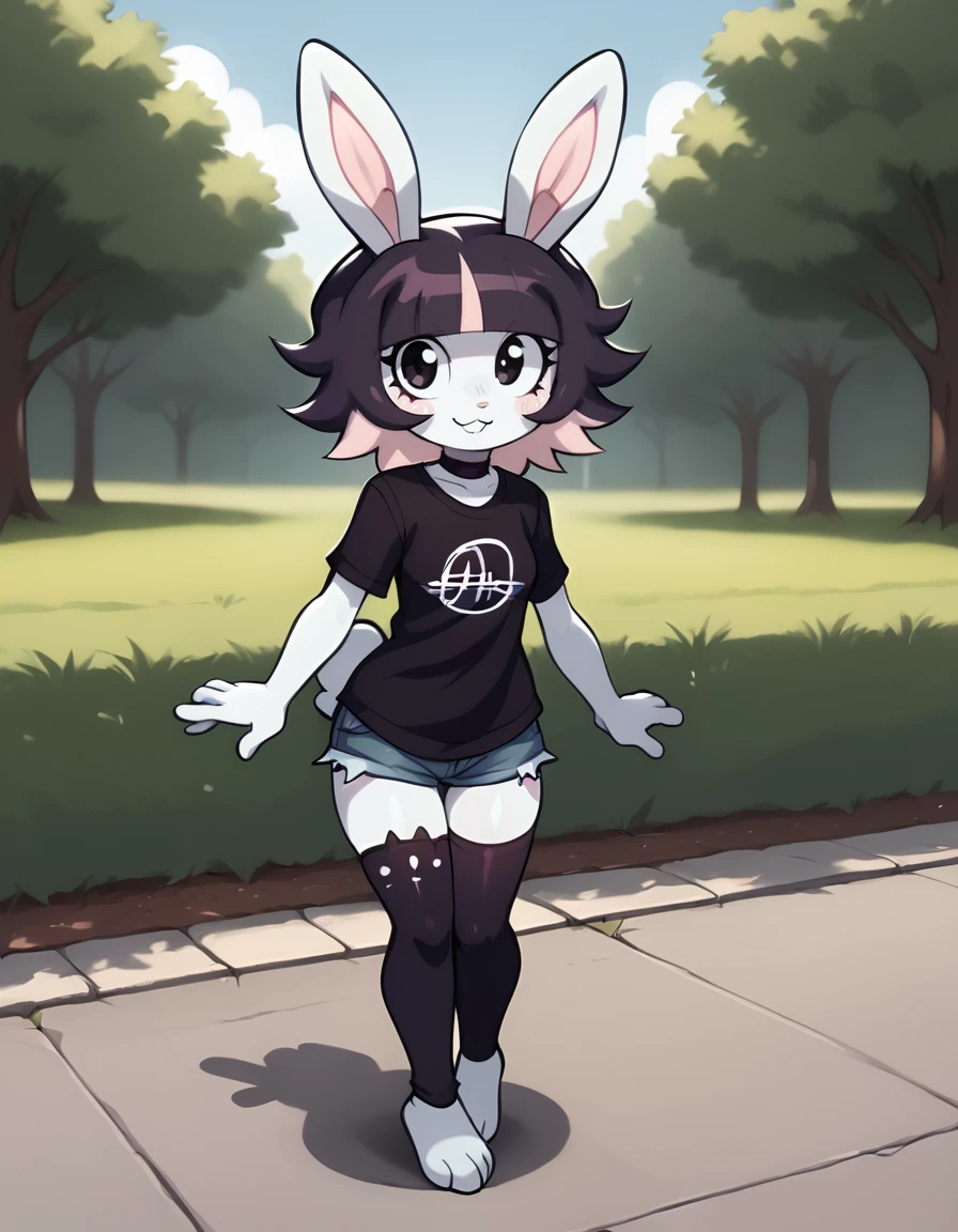 outdoors,detailed background,
Bubny,1girl,solo,rabbit girl,bangs,black hair,short hair,rabbit ears,multicolored hair,blunt bangs,furry female,black eyes,pink hair,purple hair,choker,rabbit girl,two-tone hair,rabbit tail,animal nose,
full body,smile,long eyelashes,
denim shorts, thighhighs, black t-shirt, 
<lora:Bubny_v01_PDXL:1>,