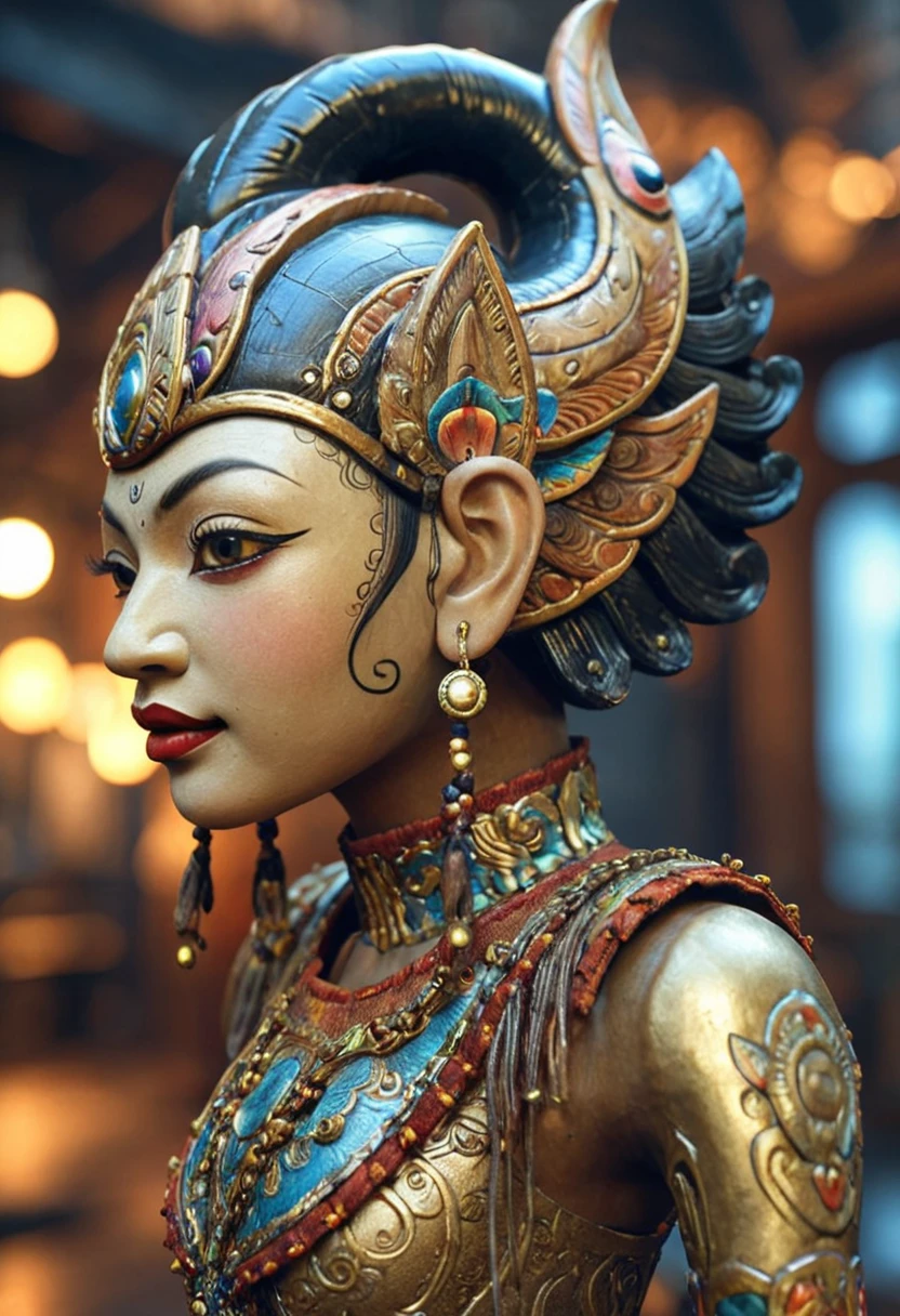 image of a statue of a female character dressed in ancient javanese fashion by an artist ' s studio with bright lights shining on the wall behind her and light effects on she is also visible, ,<lora:Wayang_Golek_-_Satria_Sandrong:0.5>, wayang_golek, wayang, satria_gandrong, glossy paper, iso150,  35mm, score_9, score_8_up, score_7_up,  intricate details, Hyperrealism style, 3d, concept-art, dreaminess, psychedelic, shallow-depth-of-field, cinematic lighting, soft bokeh, very beautiful composition, Unreal, real-time 3D, Epic Games style, Unreal Engine style, 3d-rendering, vibrant contrast  depth and shadow enhanced using (Gaussian blur) for a soft background focus, (sharpen filter) applied, (color grading) to enhance contrast between warm and cool tones, (noise reduction) for a smooth, clean finish, (HDR toning) used for extra depth and detail, highly detailed dreamy background detailed skin texture, subsurface scattering award-winning, professional, highly detailed . dreamlike, mysterious, provocative, symbolic, intricate, detailed, hyper-detailed, masterpiece, award winning, midjourneyv6.1