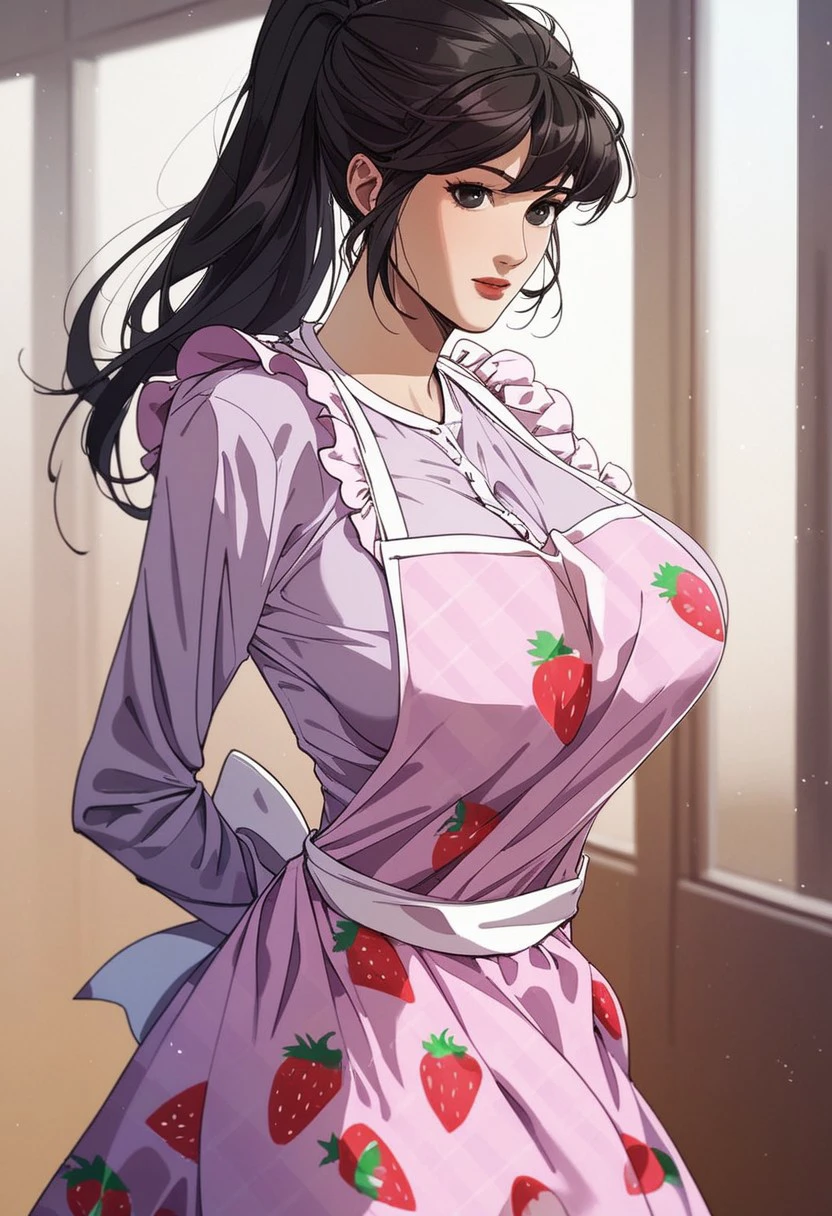 score_9, score_8_up, score_7_up, BREAK, SuQingying, long hair, black hair, black eyes, large breasts, SuApron, ponytail, purple shirt, pink apron, strawberry print, frills, purple skirt, 1girl, solo,