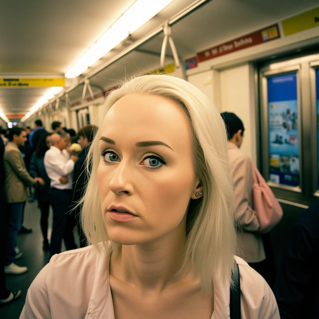 A photorealistic portrait of a platinum blonde woman in a busy subway, surreal colors and amazing constrasting vibrant collors, filled with diffused golden light filtering through the windows .The shot is captured in a wide-angle with a low perspective, creating a dreamlike contrast between the worlds. Soft pastels and muted grays set the mood. Camera Settings: Captured with a Canon EOS 5D Mark IV, 35mm lens, f/1.8, with a slight bokeh effect in the background to focus on her gaze.,florab,borsif,flobo_art, shot by Flora Borsi xD