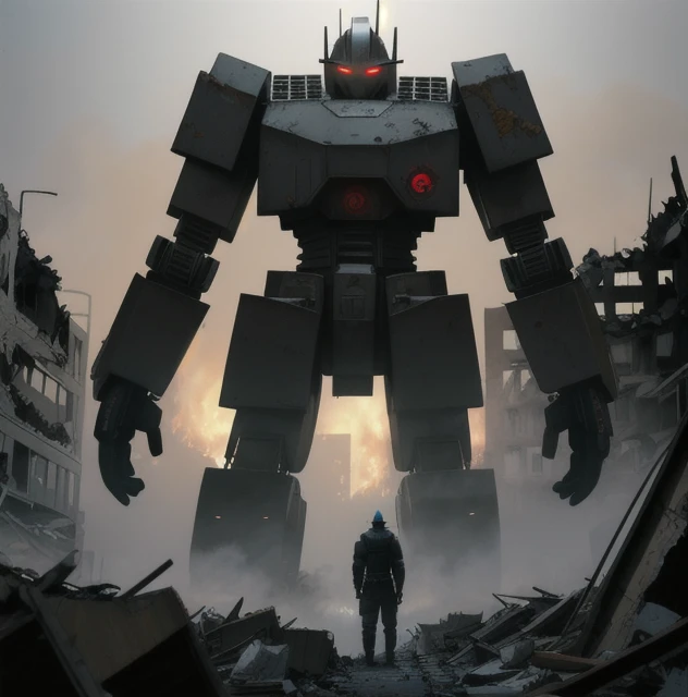 graphic novel style, ink, giant evil robot, glowing red eyes, standing in the middle of rubble in the street, smoke everywhere, foggy, warriors approaching in the foreground, dramatic