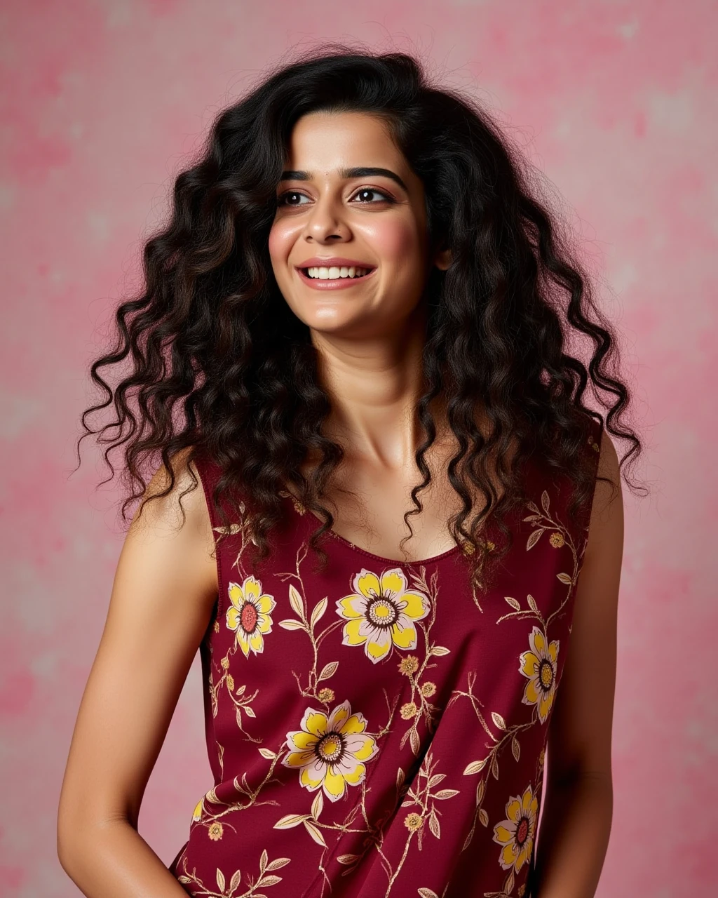 full body photo of Mithila Palkar woman,candid photo with natural colors, grinning expression on face,studio quality, wearing intricate conservative sleeveless Maroon Kalamkari Dress (hand-painted fabric), curls, pastel shaded multicolored background, cinematic soft lighting<lora:TestBed\Mithila_Palkari_2024_Flux_Kohya_LoRA_v1.safetensors:1.0:1.0>