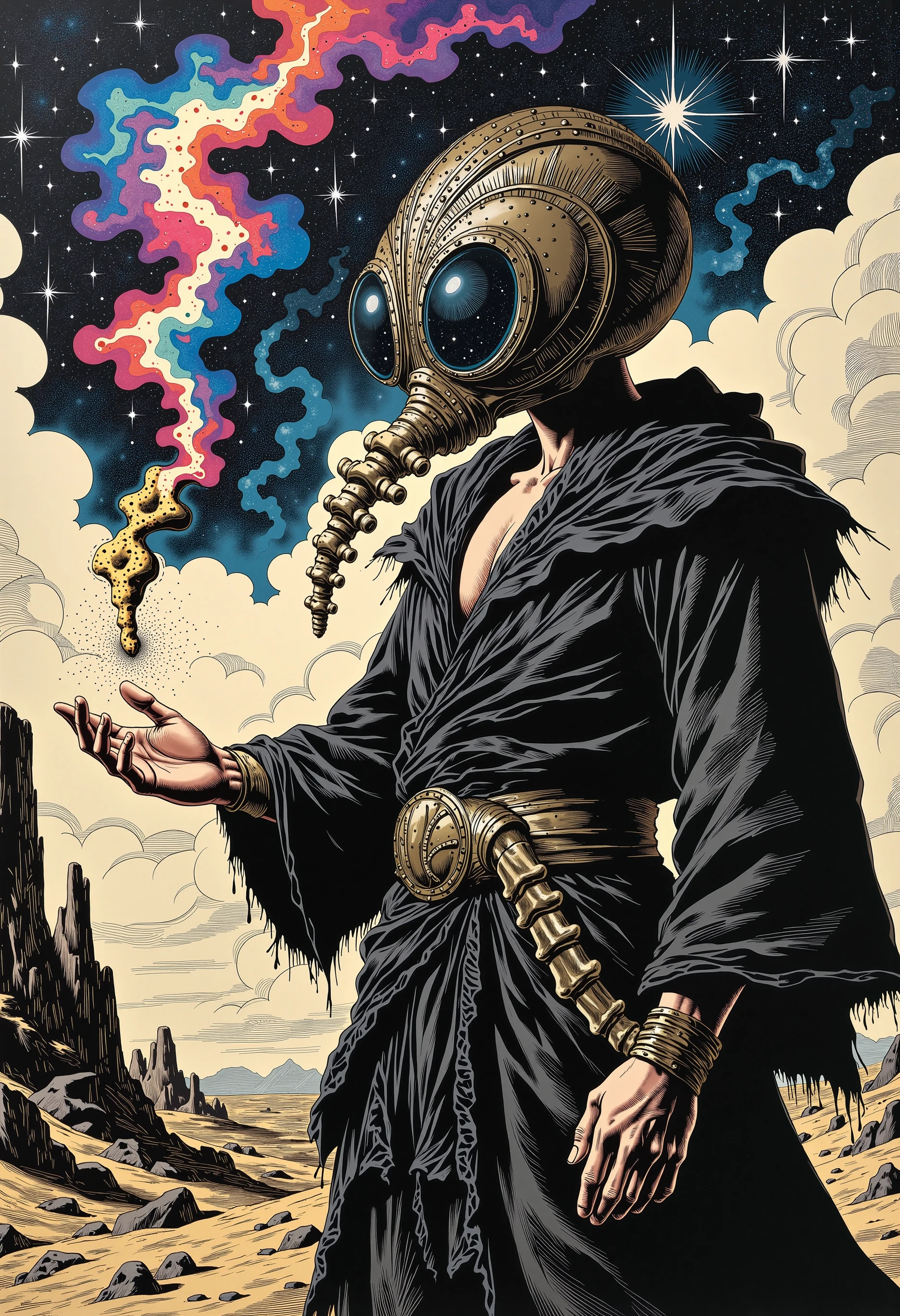 In a vibrant comic book scene, featuring a close-up portrait of a slender man clad in a tattered black robe stands at the edge of a windswept cliff, the fabric fluttering dramatically in the brisk breeze. His robe, frayed at the edges. Atop his head sits the mysterious DrmsHlm helm. The robe has a high colar ans is partialy open showin a small part of his bare chest. He is wearing a DrmsHlm helmet. The DrmsHlm helmet is a metallic and very reflexive and the two huge large, glowing glass eyes revealing swirling cosmic patterns framed by intricate engravings, casting a mysterious glow. The skinny man is pouring sand from his hand on the wind with his arm extended in front of him, the sand slowly transforms in a galaxy. Highly detailed, hyper-realistic, soft lighting. The cosmic galaxy colors contrast deeply with the plain dak black of his robe., (l1n0c2t :1.2), l1n0c2t<lora:CustomFlux/DrmsHlm.safetensors:1.0:1.0> <lora:Flux/Linocut - s1 g4.safetensors:0.75:0.75>