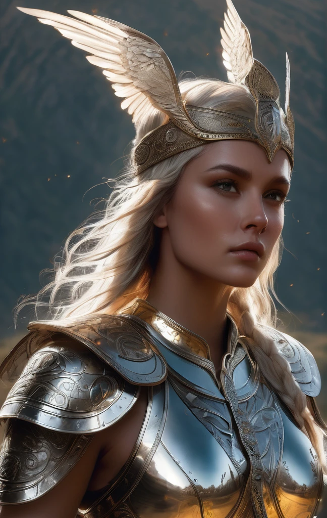 Ultra realism, high quality, high resolution 8K and above, stable and accurate focus, ultra correct anatomy, super detail. Valkyries depicted in their majestic form ready for battle.
- **Valkyries**: Beautiful, imposing warrior maidens clad in shining bronze armor with ornate helmets and winged helmets. They hold spears and swords that glitter in the light. Each Valkyrie carries a shield with runic symbols and intricate carvings. Their faces radiate determination and courage, their hair long and flowing in the wind.
- **Horses**: Winged steeds covered with silvery scales that fly over land and sea. The horses' wings are spread, creating an impressive sense of movement and power.
- **Background**: A harsh mountain landscape shrouded in clouds and mists. The sky is lit by dawn or sunset, adding drama to the scene. Distant castles and ancient ruins can be seen on the horizon, accentuating the mythical atmosphere.
- **Atmosphere**: High tech and futuristic, emphasizing the grandeur of the Valkyries and their readiness for battle.
- **Lighting Effects**: Soft dawn or dusk lighting effects that illuminate the scene and highlight the details in the Valkyries' armor and weapons.
- **Details**: Runic symbols and intricate carvings on the shields and armor, detailed textures on the winged horses and armored Valkyries, flowing hair and flames in the Valkyries' eyes.