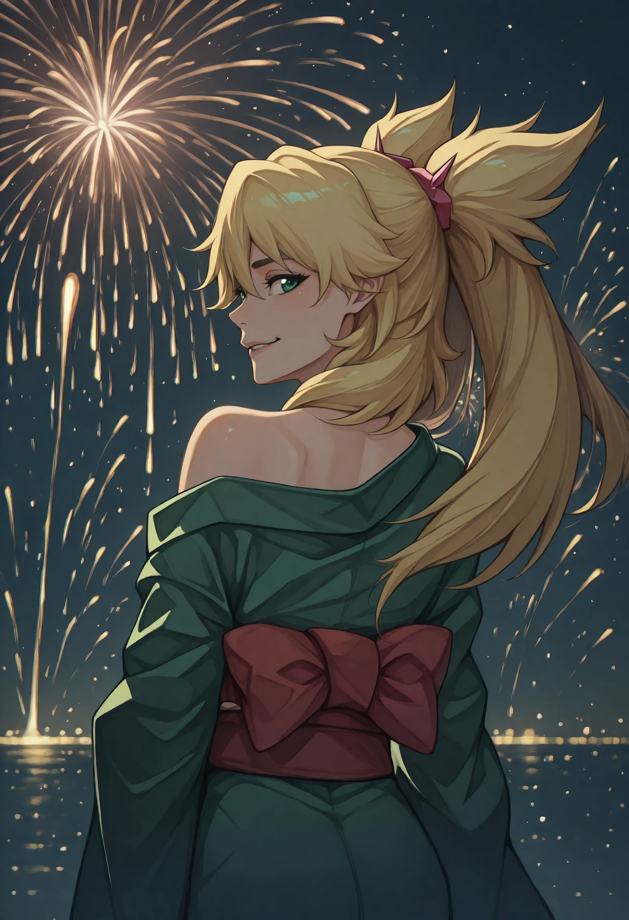 anime, masterpiece, best quality, <break> from behind, solo, 1girl, ninny spangcole, smile, looking back, twintails, hair ornament, japanese clothes, green kimono, off shoulder, red sash, bare shoulders, fireworks
<segment:yolo-Anzhc Face seg 640 v2 y8n.pt,0.4,0.5//cid=1>