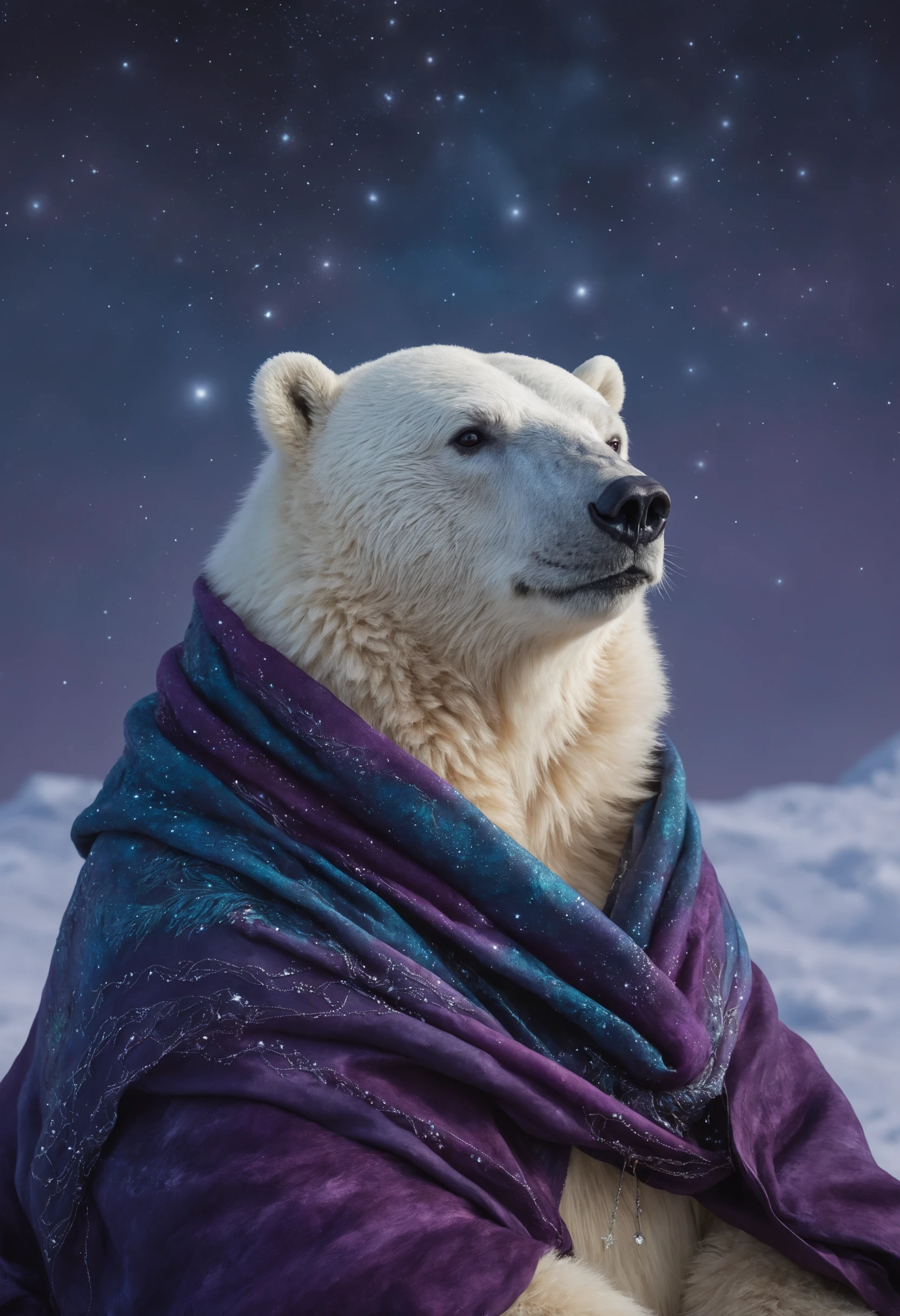 In this captivating realistic shot, an anthropomorphic polar bear dressed in a richly textured, jewel-toned shawl sits contemplatively on a desolate, icy landscape under a star-filled night sky. The polar bear, exuding wisdom and a touch of loneliness, appears to be lost in thought amidst the frigid, rocky terrain. The vibrant, predominantly cool-toned palette of blues and purples creates an atmospheric scene, with a bright, starry sky providing a contrasting backdrop. The bear's intricately detailed fur and the shimmering, jewel-like embellishments on the shawl catch the eye, while the soft, diffused lighting adds depth and dimension to the scene