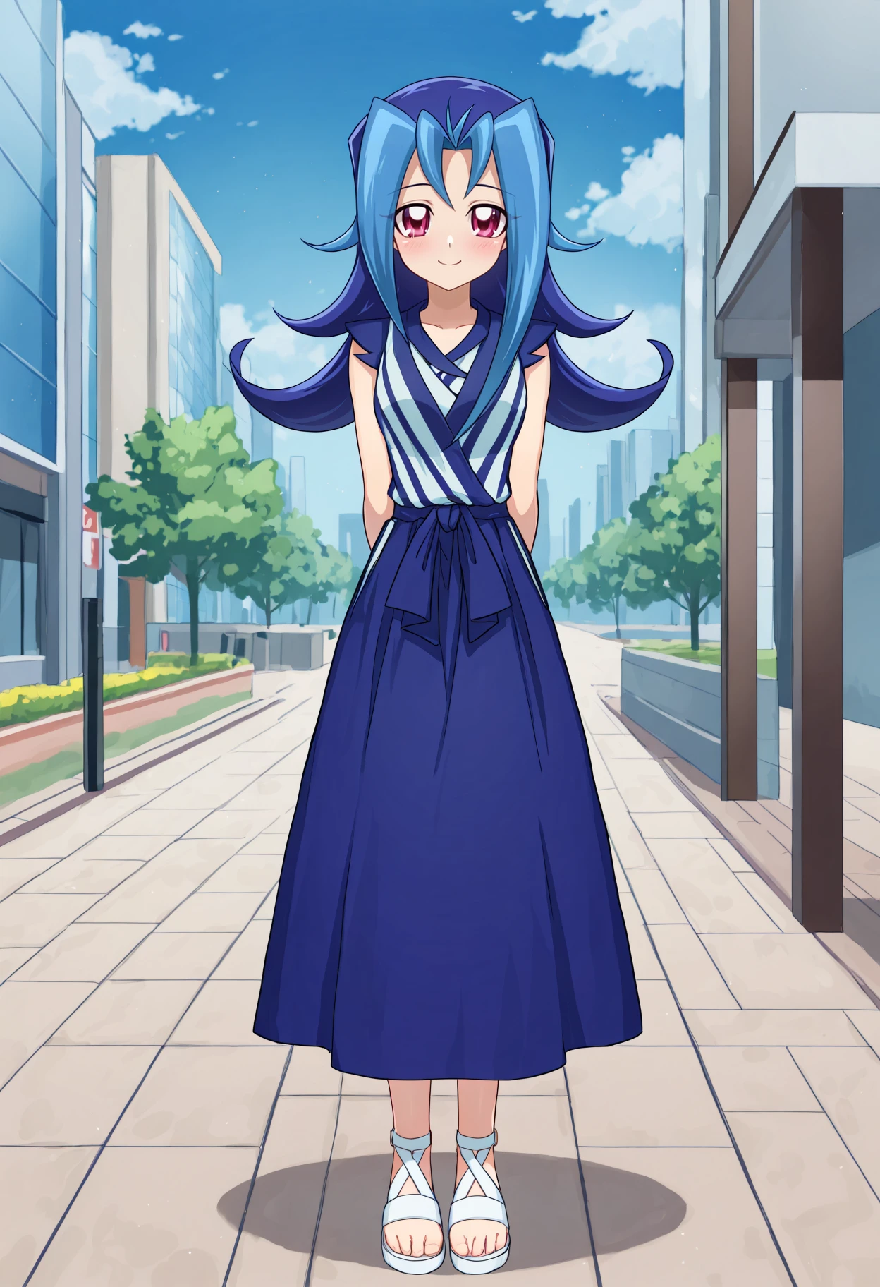 masterpiece, best quality, very aesthetic, absurdres, full body, solo, 1girl, <lora:Rio Kamishiro (Yu-Gi-Oh! ZEXAL):1>, rio kamishiro, rk2, dress, two-tone shirt, sleeveless shirt, vertical-striped shirt, blue shirt, white shirt, long skirt, blue skirt, white sandals, toeless footwear, standing, arms behind back, looking at viewer, blush. tareme, smile, city, sidewalk, blue sky, clouds, outdoors, <lora:CleanAnime - [Enchanter] - illustriousXL v1:1>