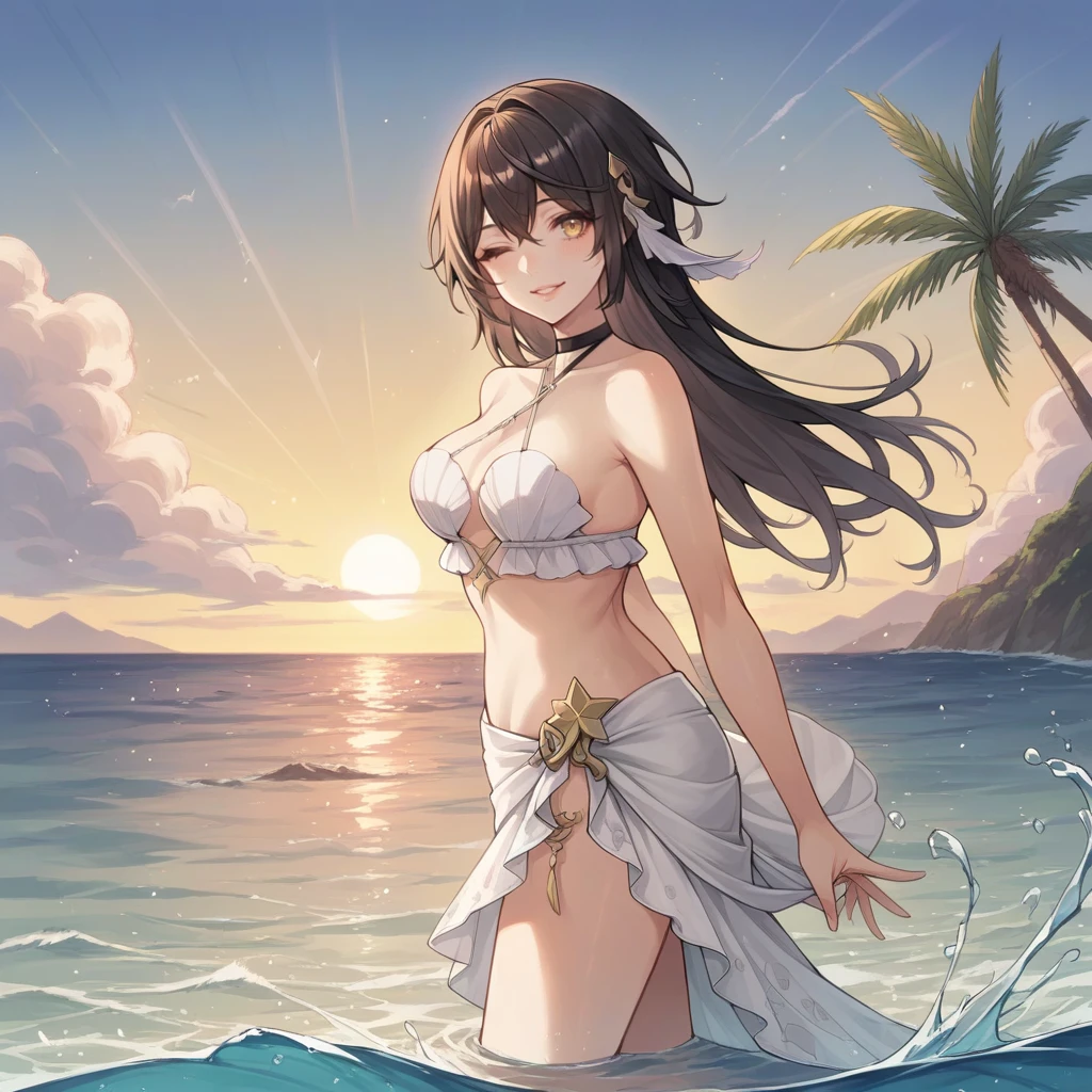 score_9_up, score_8_up, score_7_up, source_anime, 1girl, solo, sun light, clouds, sky, beach, ocean, palm tree, wading, lifting sarong, hand on sarong, water splashing, water particles, sun set, from side, angled shot, looking at you, gentle smile, parted lips, wink, Izanami, Iz_Swm, black hair, long hair, yellow eyes, shell bikini, alt criss-cross halter, black choker, jewelry, star (symbol), white sarong, frilled sarong, hair ornament, white bikini, mature body, dynamic cowboy shot, 