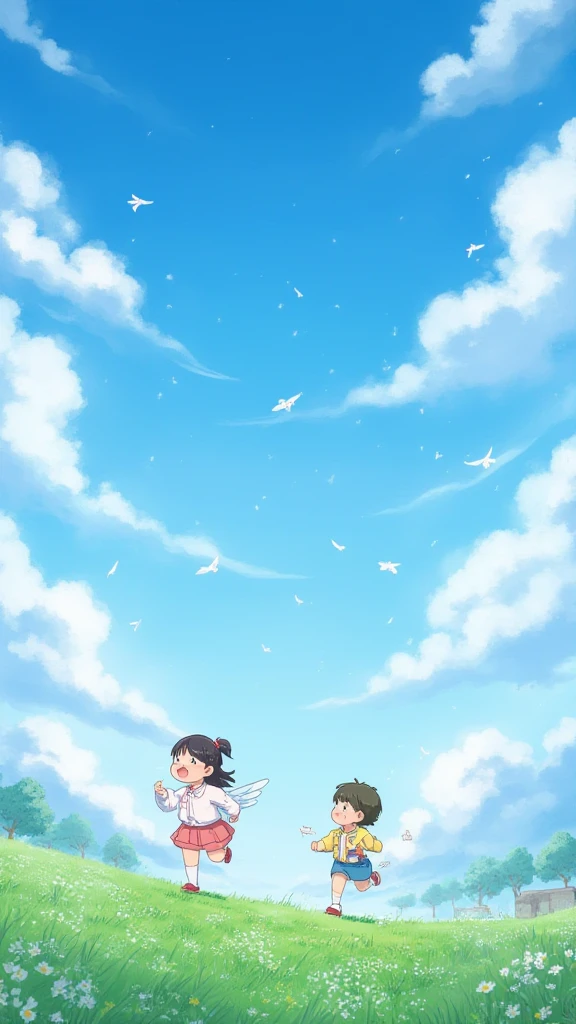 girls and boys run fly in blue sky, wings,