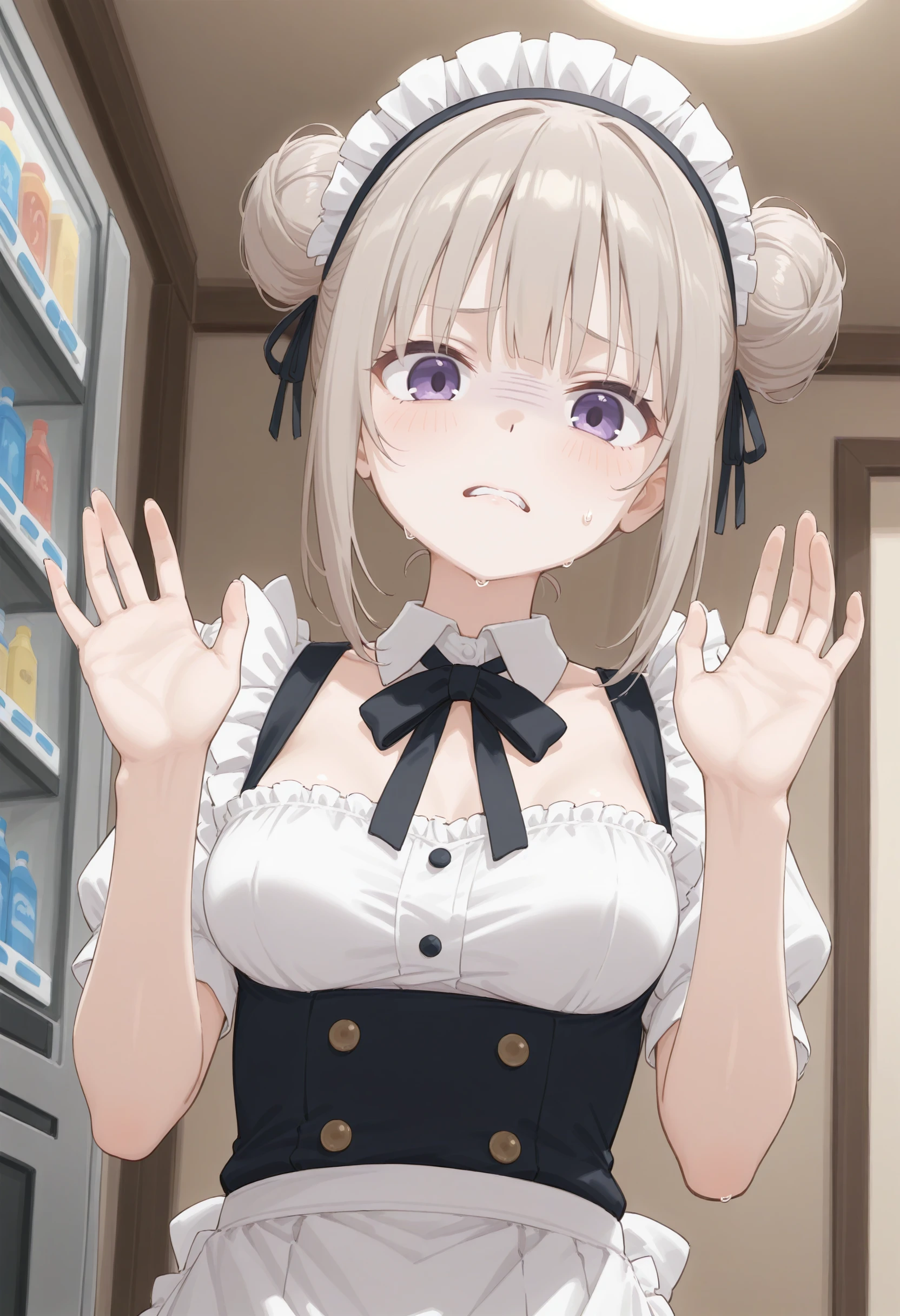 1girl in, masutepiece, Best Quality,selfee,Troubled face,Nikkeadomi, Standing, Solo, Pleated skirt, white longcoat, Plaid, Hair Ornament, bowtie, Sweater Vest, blush, White jacket, grey sweater, yellow bowtie, Small breasts, backpack, White socks, Long sleeves,((solo girl)),nsfw,(POV),pressing lips together,kissing mouth,sweaty saliva,front view,lustrous lips,face up,((half Open eyes)),have a runny nose,Sweaty and blushing body, open arms forward,hug,open mouth,tongue out,love hotel room background, saliva, sweat,pov, Looking at Viewer,saliva, sweat,incoming hug, incoming kiss,(open arms),Sweaty body,