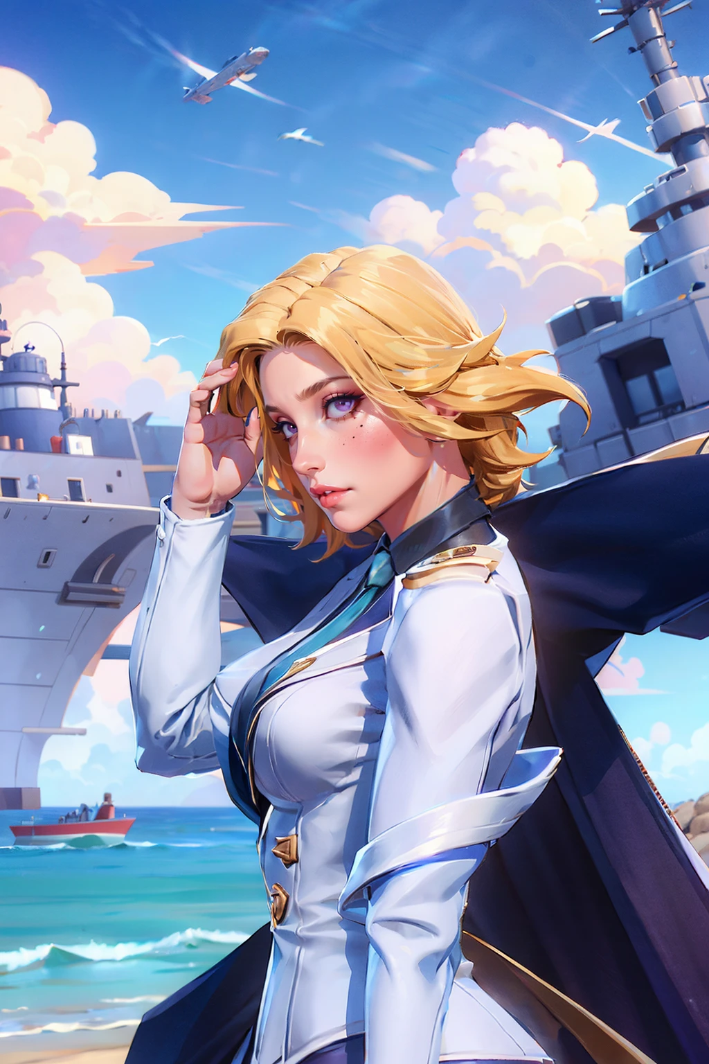 ((salute))
, <lora:Taara_Soldier's_Fortune_AoV_Model_LoRA:0.8>, Taara_Soldier's_Fortune, 1girl, solo, short hair, blonde hair, looking at viewer, purple eyes, mole under eye, nose, lips, parted lips, necktie, blue necktie, collared shirt, breasts, large breasts, shirt, jacket, white jacket, cape, pants, white pants, thighhighs, boots, thigh boots, high heels, high heel boots, white footwear, jewelry
, barracks, warship, battle port background, sea, naval unit, sailor
, side, from side, side view, best quality, ultra high res, (photorealistic:1.4), masterpiece, real life skin, hyper real