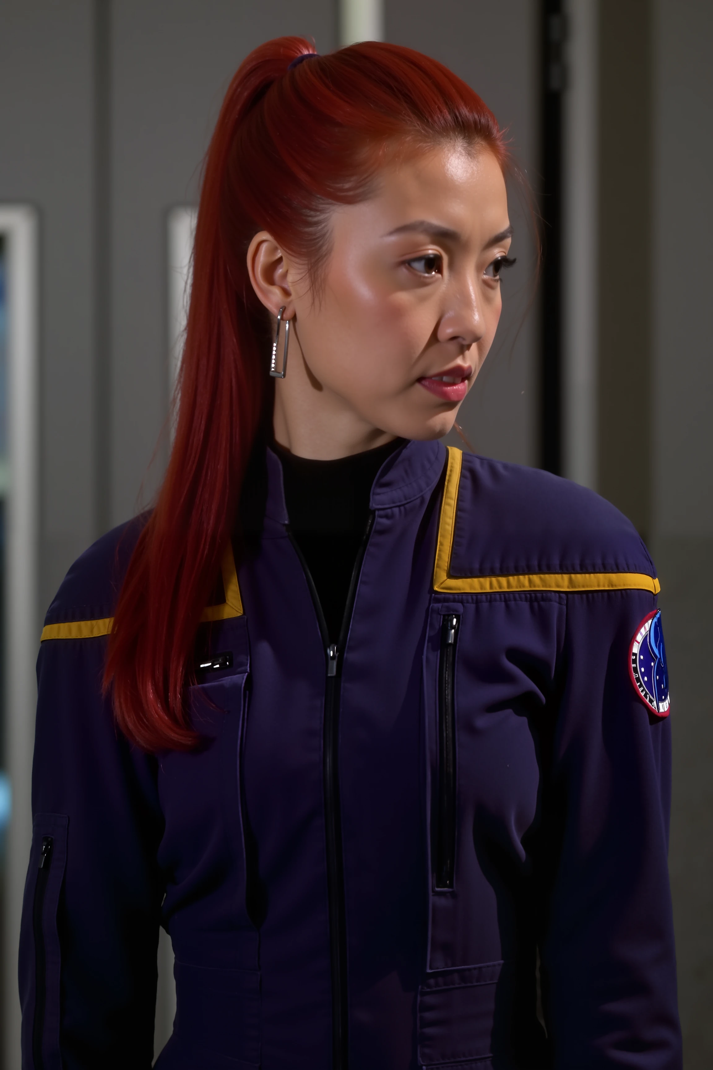 A high-quality fashion shoot photo featuring a striking ginger Asian woman with a sleek ponytail, confidently modeling in a navy blue stentps uniform with yellow lines. The woman's vibrant red hair contrasts beautifully with the uniform, while her sharp, elegant features exude both strength and grace.  <lora:STEntps_FLUX:1.2>