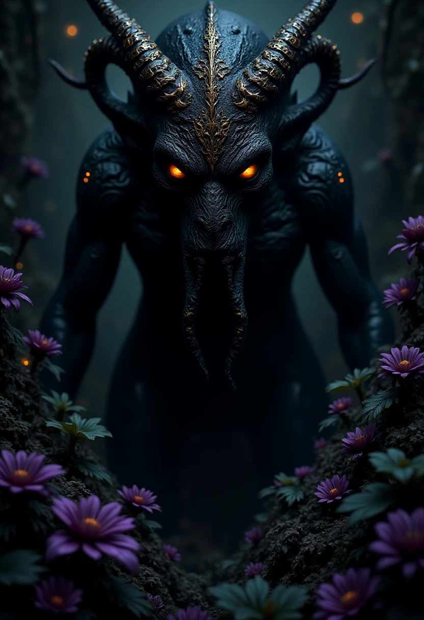 Onyx Optimizer, A dark, eldritch creature with twisting tentacles covered in glowing runes looms over a lush alien jungle, filled with bioluminescent plants in shades of purple, teal, and orange; the creatureâs shadow drapes across the colorful foliage, creating a surreal landscape.