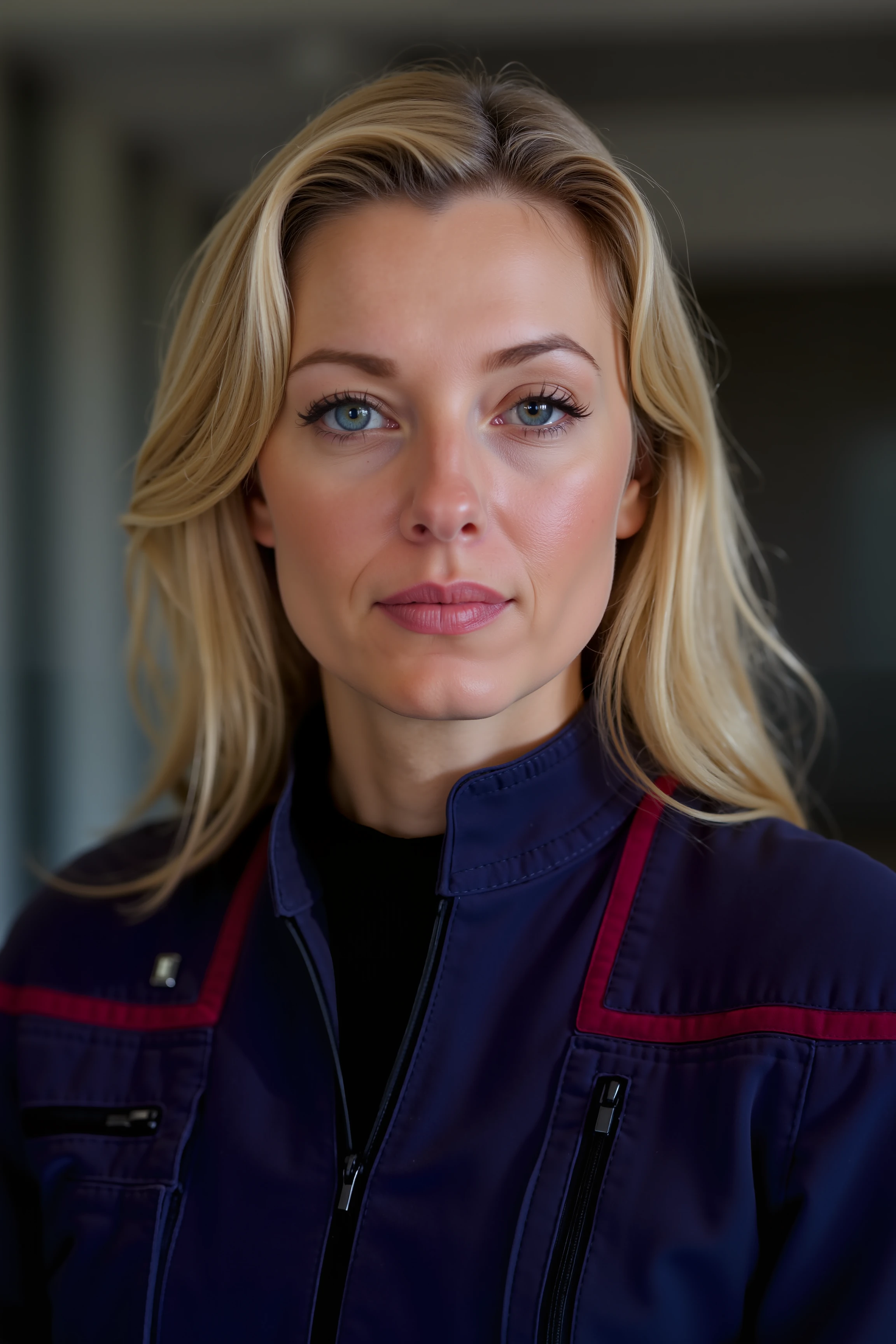 A high-quality, portrait closeup of a young finnish woman with blond hair, dressed in a navy blue stentps uniform with red lines and 1 rankbar,  <lora:STEntps_FLUX:1.2>