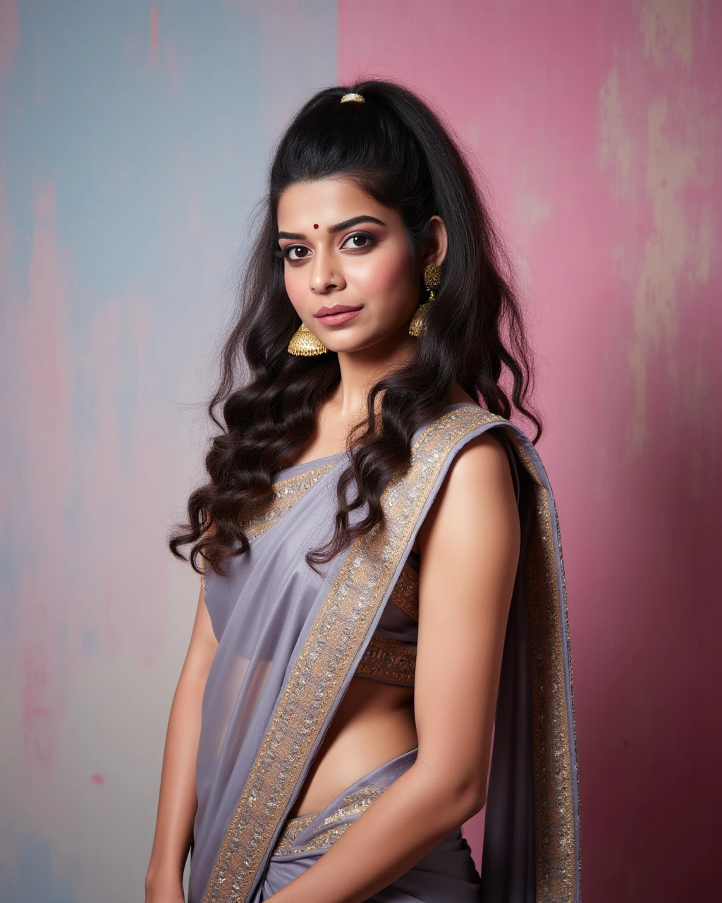 full body photo of Mithila Palkar woman,candid photo with natural colors, pouting expression on face,studio quality, wearing intricate conservative sleeveless Grey Banarasi Silk Saree, high ponytail, pastel shaded multicolored background, cinematic soft lighting<lora:TestBed\Mithila_Palkari_2024_Flux_Kohya_LoRA_v1.safetensors:1.0:1.0>