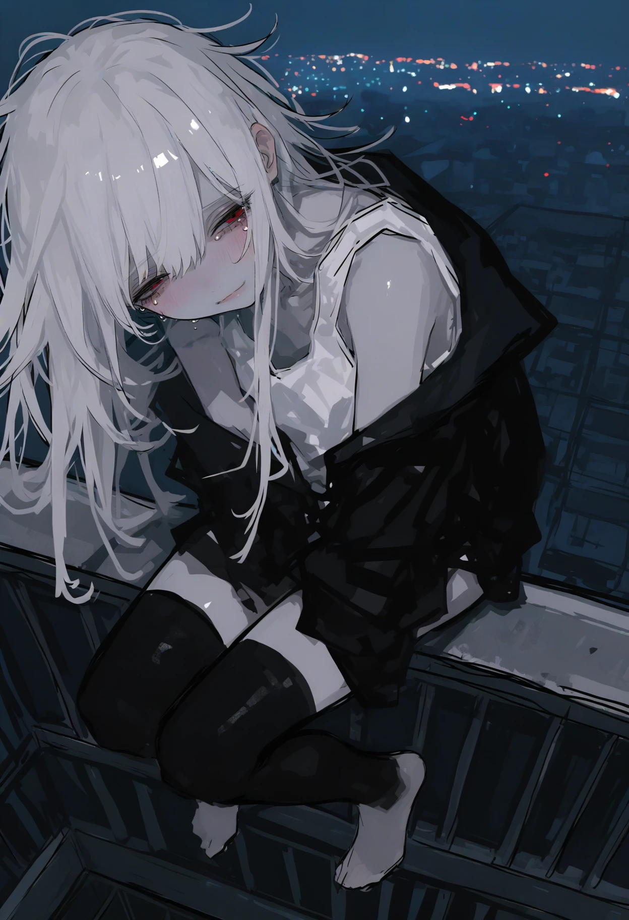 <lora:748cmSDXL:1>, best quality, masterpiece, 748cmstyle, 1girl, white hair, long hair, messy hair, red eyes, pale skin, blush, light smile, head tilt, upper body, white tank top, sketch, sitting on the ledge, rooftop, black jacket, short shirts, black thighhighs, half-closed eyes, tears, from above, full body, barefoot, depth of field, foreshortening, cityscape, night, dark, legs hanging off the edge of the rooftop