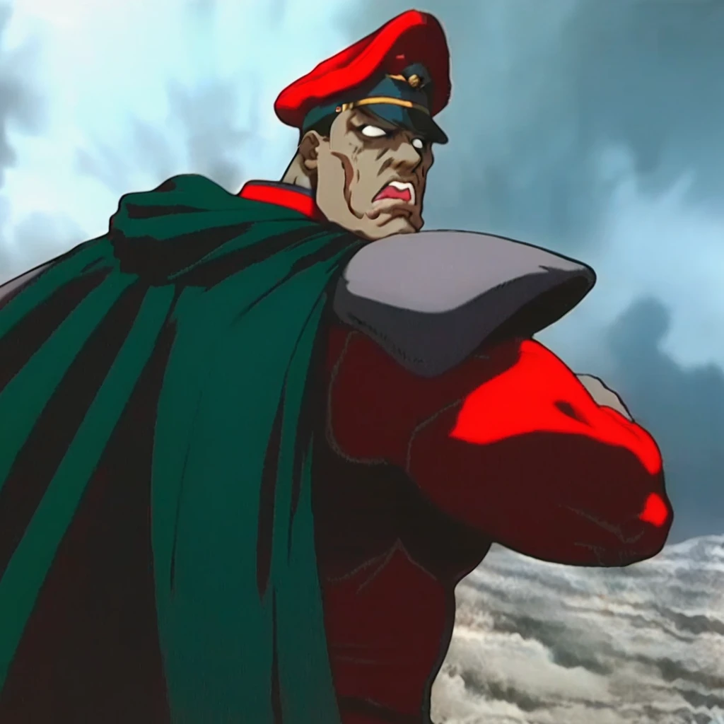 peaked cap, dark-skinned male, cape, male focus, shoulder armor, no pupils, serious, black hair, from behind, looking at viewer, open mouth, crossed arms, anime, from side, day, military uniform