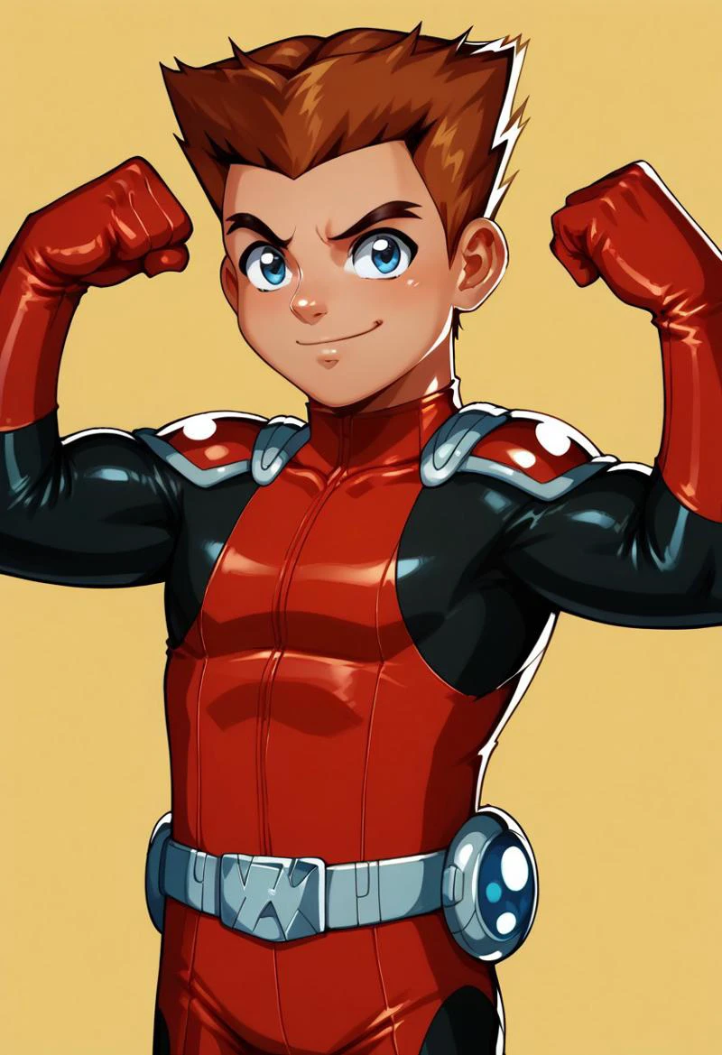 score_9, score_8_up, score_7_up, highly detailed, cute boy, 1boy, solo,
Lee_Clark, Brown Hair, Pale Blue Eyes, Red Bodysuit, Red Gloves, Red Pauldrons, Belt, flexing