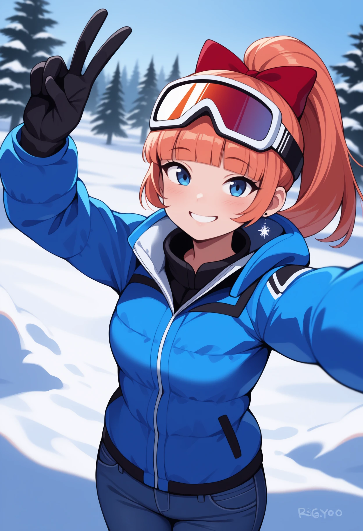 masterpiece, best quality, <break> solo, 1girl, rcgkyoko, smile, looking at viewer, selfie, v, ponytail, hair bow, red bow, ski goggles, goggles on head, blue jacket, down jacket, long sleeves, black gloves, jeans, earrings, outdoors, nature, snow, tree
<segment:yolo-Anzhc Face seg 640 v2 y8n.pt,0.4,0.5//cid=1>