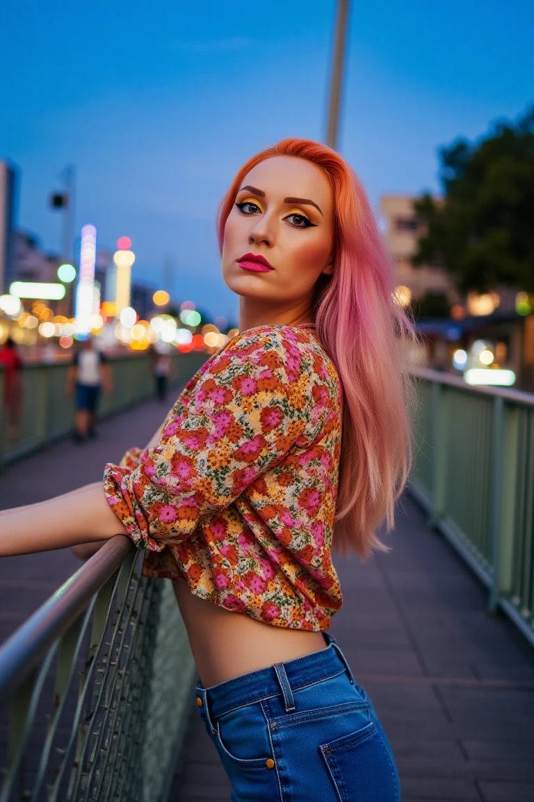 A beautiful young woman in a floral blouse and denim tight shorts leans on a boardwalk fence at dusk. The city lights glow softly, casting an urban ambiance. Her face is adorned with extreme makeup in shades of pink and orange, contrasting with her silky, bright hair. She poses naturally, exuding a sensual and relaxed aura. The image has a film blur, capturing the warmth of a 35 mm film, with a slight grain enhancing the nostalgic feel.