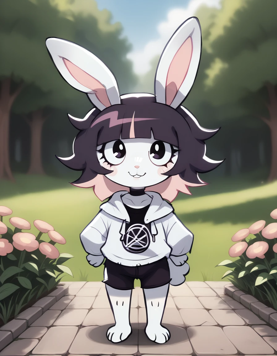 outdoors,detailed background,
bubny,1girl,solo,rabbit girl,bangs,black hair,short hair,rabbit ears,multicolored hair,blunt bangs,furry female,black eyes,pink hair,purple hair,choker,rabbit girl,two-tone hair,rabbit tail,animal nose,
full body,smile,long eyelashes,
<lora:Bubny_v01_PDXL:1>,