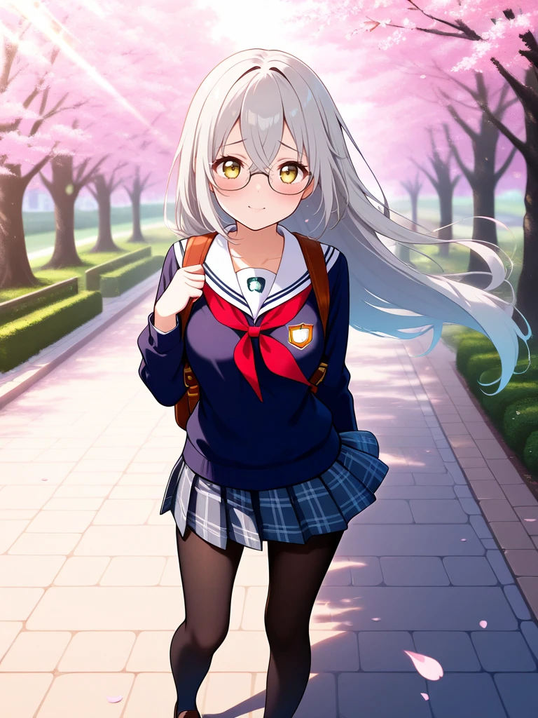 illusioneyle,1girl,opaque_glasses,cute petite,medium breast,yellow eyes,clear gray hair,very long hair,chignon,heart-shaped_lock,crossed bangs,sideburns,embarrassed,dark beige school uniform,plaid gradient mini pleated skirt,pantyhose,loafers,burgundy backpack,Worm's Eye View,looking at viewer,from dutch,above,contrapposto,dynamic pose,kind smile,Peachland,fantastic,(cherry blossoms),park,petals,wind,High-Key Lighting,bokeh,depth of field,Crowds,daytime,morning light,whitish light,sunlight,strong light,coming in light,rays light,sparkles,lens flare,cinematic lighting,
masterpiece,best quality,very aesthetic,absurdres,