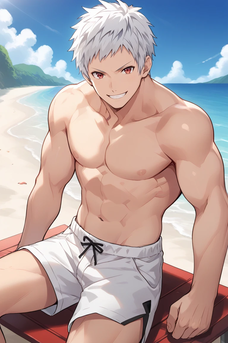 1man, mature teacher, physical education teacher, 40yo, gray hair, tanned skin, brown eyes, forehead, crewcut, handsome, masculine, pentagon face, stocky waist, slighty chubby, muscular plump, heavy weight japanese teacher, aggressive, pheromonal, male high ratio body proportions, BREAK black swim bikini, topless, off shot, male nipples, abs, thigh, small bulge, fullbody, solo, looking side, soft smile, sexy posing, seaside, from side, detailed back ground, romance, dramatic expression, dutch angle, 1980s, in isekai style, extreme all detailed, masterpiece, best quality