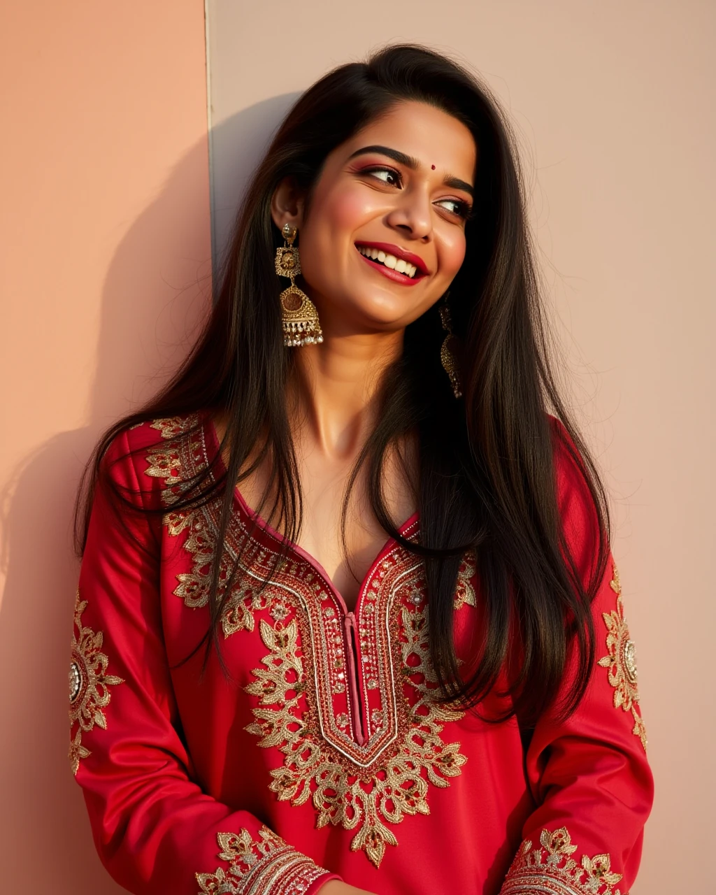 cowboy shot photo of Mithila Palkar woman,candid photo with natural colors, laughing expression on face,studio quality, wearing intricate conservative long sleeved Red Gota Patti Suit (Rajasthani embellished dress), straight hair, pastel shaded multicolored background, cinematic soft lighting<lora:TestBed\Mithila_Palkari_2024_Flux_Kohya_LoRA_v1.safetensors:1.0:1.0>