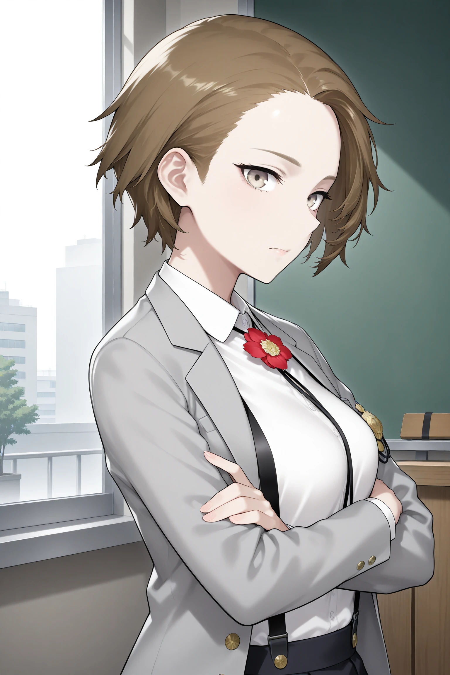 masterpiece, best quality, amazing quality, highres, absurdres, very aesthetic, high resolution, ultra detailed, perfect details, 1girl, looking at viewer, indoors, medium breasts, caligula female protagonist, short hair, brown hair, brown eyes, school uniform, long sleeves, grey jacket, open jacket, white shirt, medal, flower, suspenders, black skirt, pleated skirt, miniskirt, purple socks, loafers, <lora:Caligula_Female_Protagonist:0.8>, (upper body:1.5), (from side:1.5), crossed arms