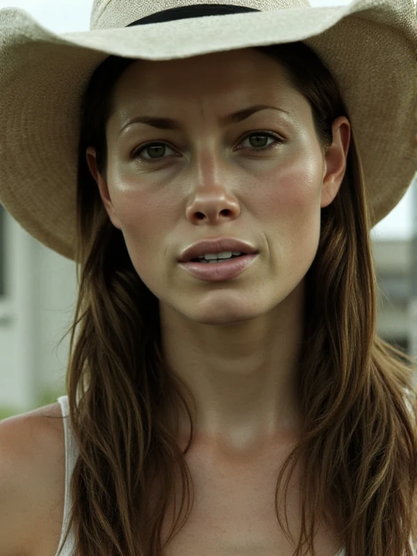 <lora:Erin_Hardesty:0.9> erin hardesty, a woman , long hair, brown hair, hat. closeup face portrait