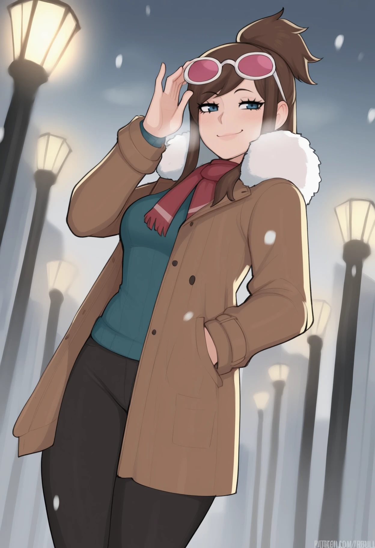 (afrobull:0.6), masterpiece, best quality, <break> solo, 1girl, ema skye, smirk, looking at viewer, adjusting eyewear, hand in pocket, brown hair, half updo, sunglasses, eyewear on head, blue eyes, winter clothes, brown coat, open coat, long sleeves, blue sweater, black pants, scarf, snowing, outdoors, city, lamppost
<segment:yolo-Anzhc Face seg 640 v2 y8n.pt,0.4,0.5//cid=1>