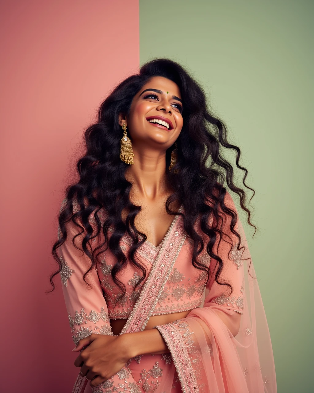 cowboy shot photo of Mithila Palkar woman,candid photo with natural colors, laughing expression on face,studio quality, wearing intricate conservative long sleeved Rose Rajasthani Lehenga, curls, pastel shaded multicolored background, cinematic soft lighting<lora:TestBed\Mithila_Palkari_2024_Flux_Kohya_LoRA_v1.safetensors:1.0:1.0>