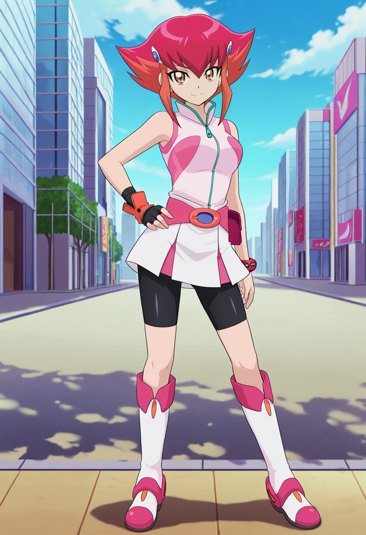 masterpiece, best quality, very aesthetic, absurdres, full body, solo, 1girl, <lora:Anna Kozuki (Yu-Gi-Oh! ZEXAL):1>, anna kozuki, ak1, sleeveless shirt, two-tone shirt, white shirt, pink shirt, zipper, zipper pull tab, pink belt, belt buckle, pleated skirt, two-tone skirt, white skirt, pink skirt, bike shorts, knee boots, two-tone boots, white boots, pink boots, orange trim, single fingerless glove, standing, contrapposto, hand on own hip, looking at viewer, smile, city, sidewalk, blue sky, clouds, outdoors, <lora:CleanAnime - [Enchanter] - illustriousXL v1:1>