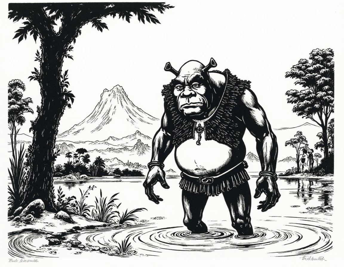 <lora:j0hanes_stylev3-step00000750:0.8> j0hanes_stylev2, a black and white drawing of shrek coming out of a swamp