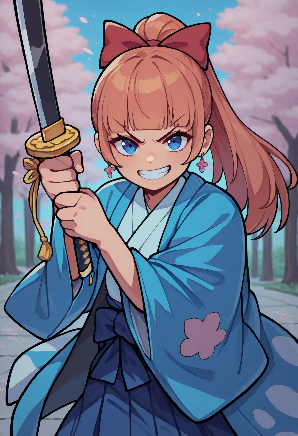 anime, masterpiece, best quality, <break> solo, 1girl, rcgkyoko, grin, looking at viewer, holding sword, katana, two-handed, ponytail, hair bow, red bow, v-shaped eyebrows, japanese clothes, haori, blue kimono, wide sleeves, earrings, outdoors, cherry blossoms
<segment:yolo-Anzhc Face seg 640 v2 y8n.pt,0.4,0.5//cid=1>