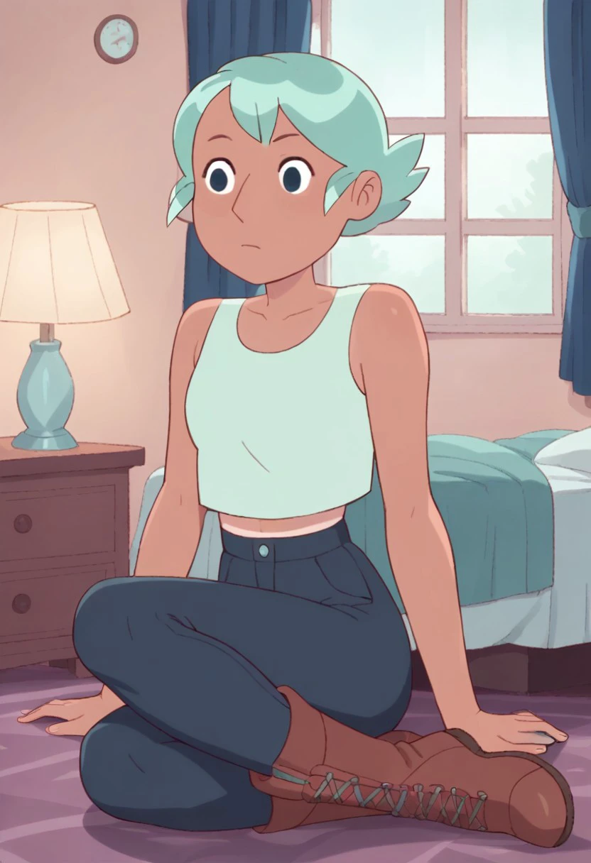 score_8, score_8_up, score_7_up, 1girl, female focus, Solo, Cass_BAP, light tanned skin, dark blue eyes, mint green hair, short hair, aqua-tinted tank top, dark blue pants, white and red boots, full body, indoors, bed, bedroom, nightstand, lamp, window