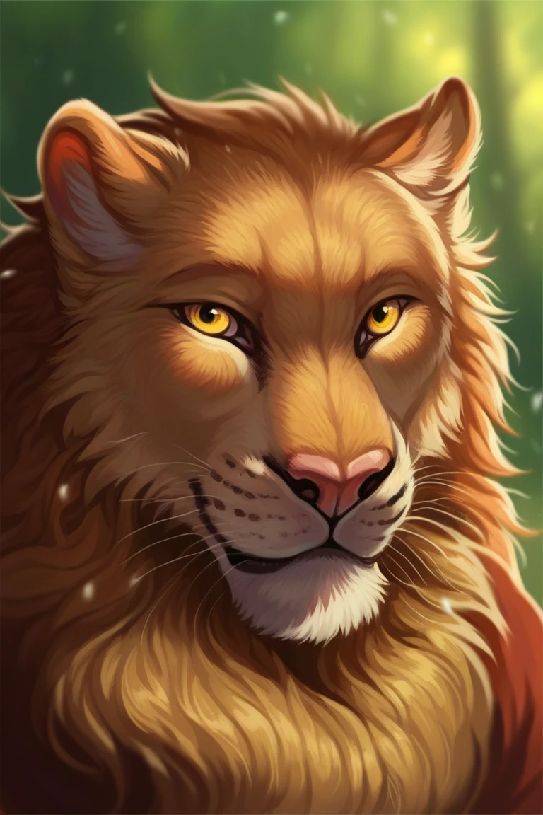 score_9, score_8_up, score_7_up, by rukis, more details, lion,  felid, feline, felis, solo, furry, blurry background, no humans, realistic, animal focus, animal, yellow eyes, looking at viewer, forest background, closeup face