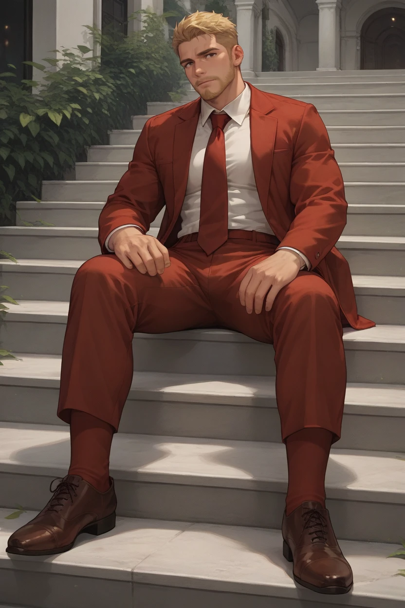 score_9, score_8_up, score_7_up, bara,1 male , blonde hair , side part hair , short thin beard， oxfords shoes，, 1 male, sitting on stairs, brown footwear, full body, arm support, red suit, open suit,  red pants, white shirt, red shiny necktie, red socks, outdoors,   