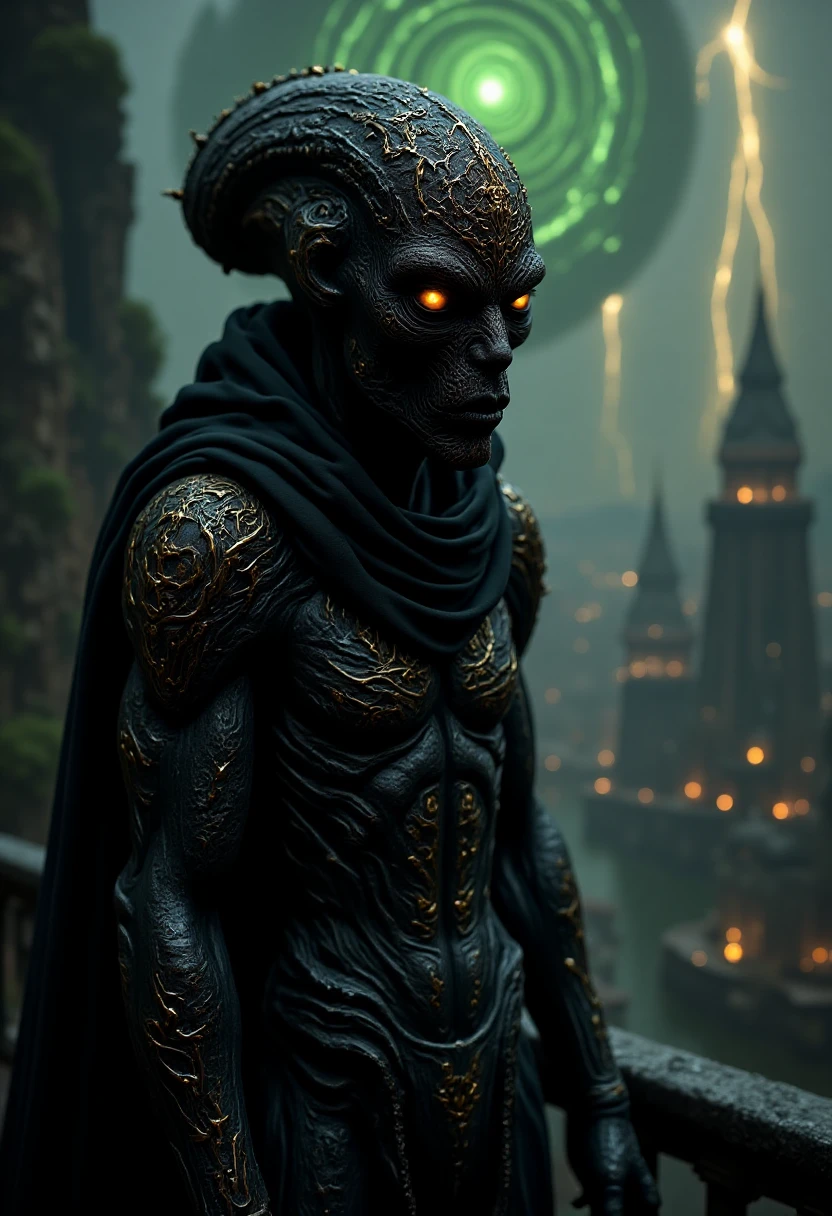 Onyx Optimizer, A shadowy robotic entity, covered in ancient alien symbols and crackling with dark energy, stands on a bridge overlooking a metropolis built on floating islands; bright, swirling vortexes of green and gold energy cascade through the sky, casting radiant colors across its foreboding figure.