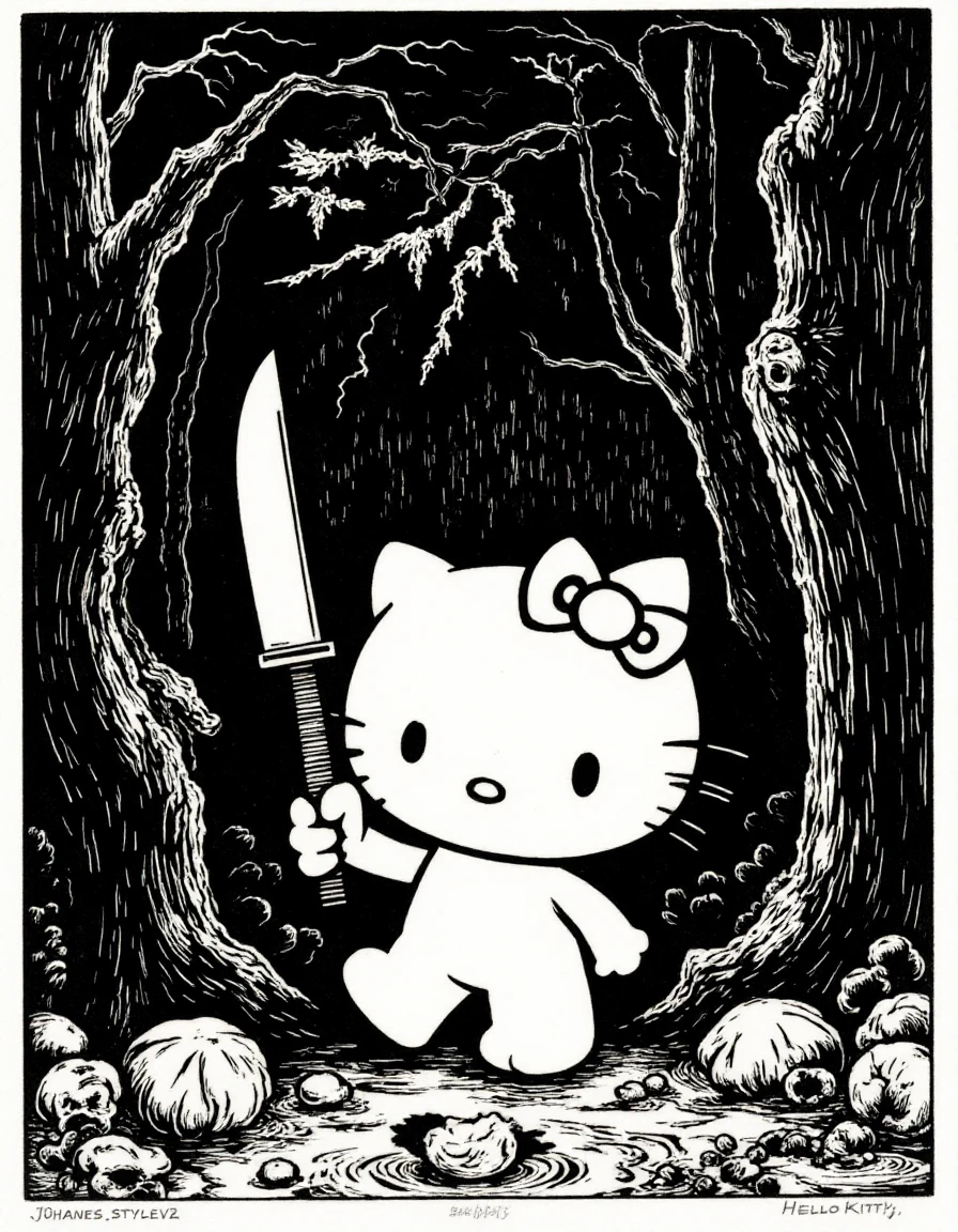 <lora:j0hanes_stylev3-step00000750:0.8>  j0hanes_stylev2, a black and white drawing of Hello Kitty in the middle of the forest holding a knife, the atmosphere and the character looks scary, Hello Kitty is hidden by the shadows.