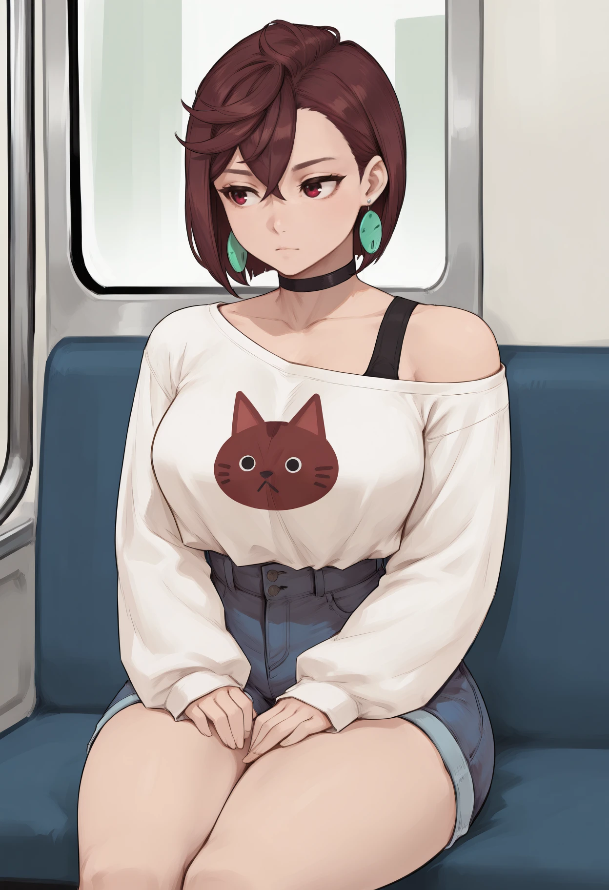 masterpiece, best quality, <break> solo, 1girl, ayase momo, expressionless, looking to the side, sitting, hands on lap, short hair, brown hair, red eyes, white shirt, off-shoulder shirt, print shirt, long sleeves, blue shorts, denim shorts, high-waist shorts, cutoffs, earrings, black choker, single bare shoulder, collarbone, indoors, train interior
<segment:yolo-Anzhc Face seg 640 v2 y8n.pt,0.4,0.5//cid=1>